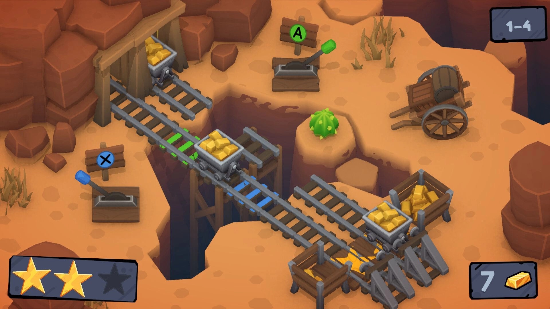 SwitchTrack: Minecarts on desert tracks with lever controls and star rating UI in the bottom corner