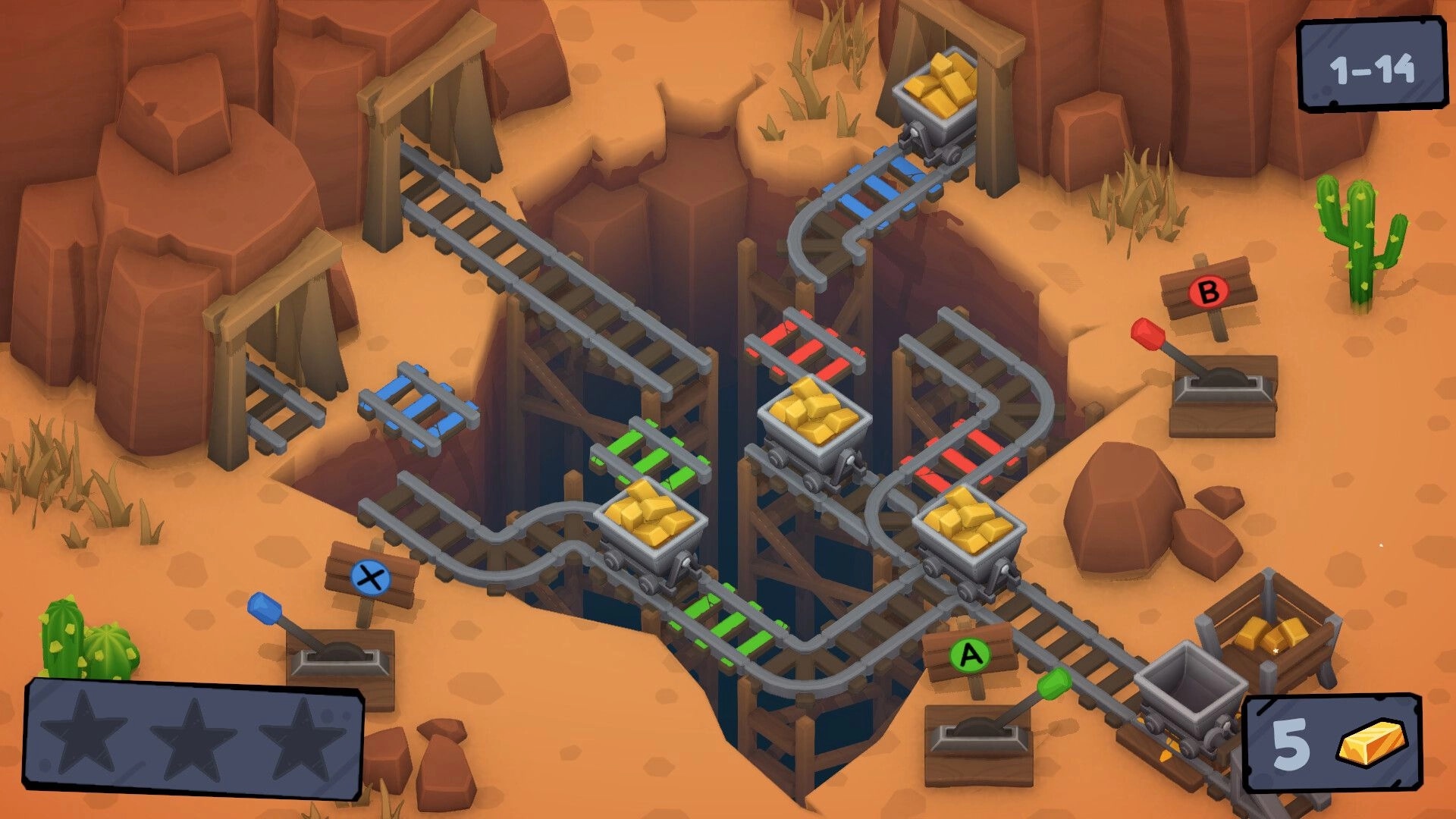 SwitchTrack: Minecarts on desert tracks with interactive levers and level indicator in top corner