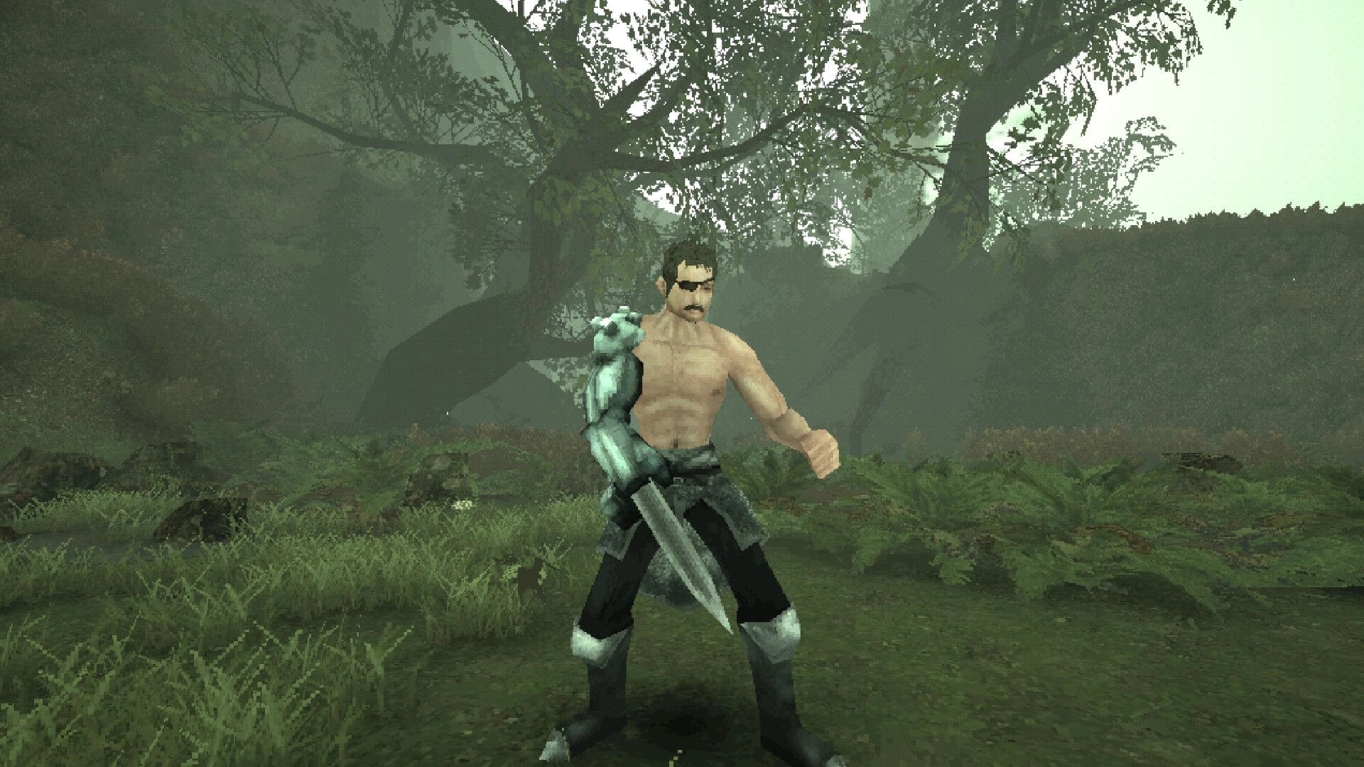 Sword Hero: Shirtless warrior with sword and metal arm stands ready in a misty forest environment.
