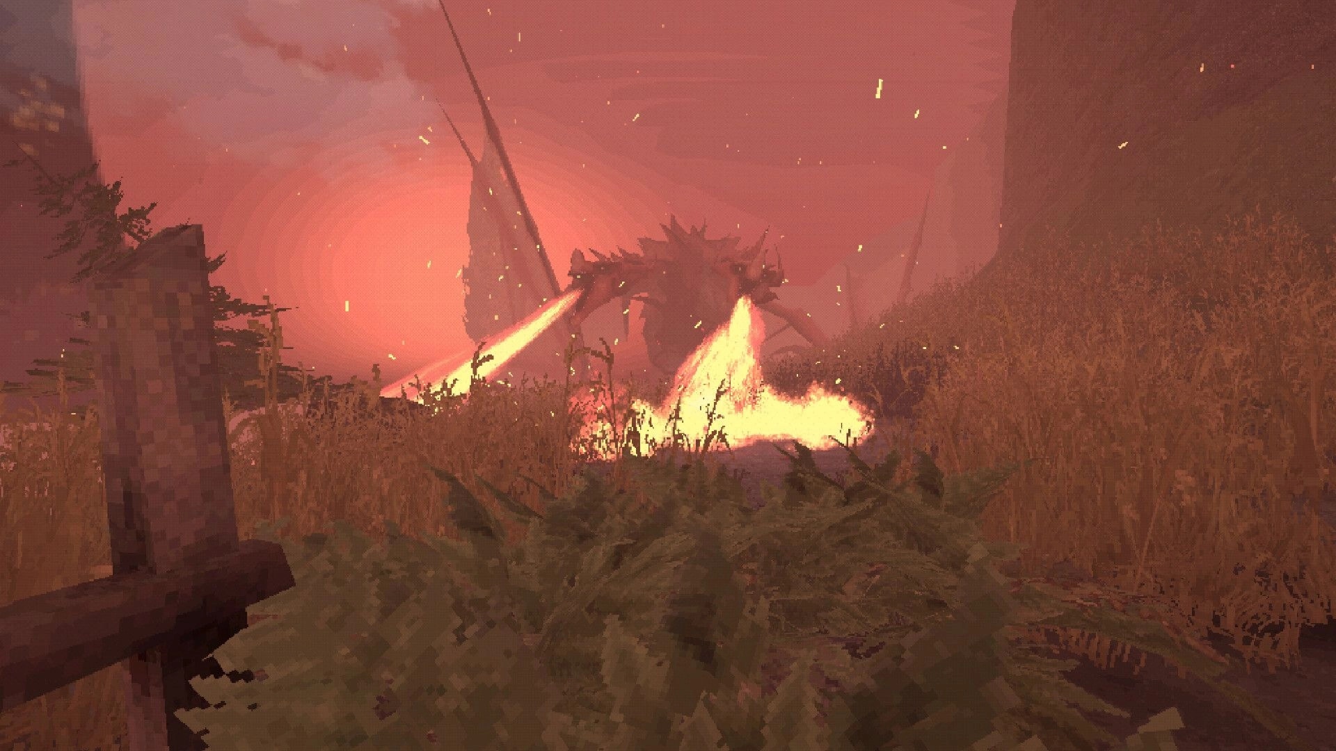 Sword Hero: Fiery dragon attack in a burning field at sunset, with embers lighting the sky.