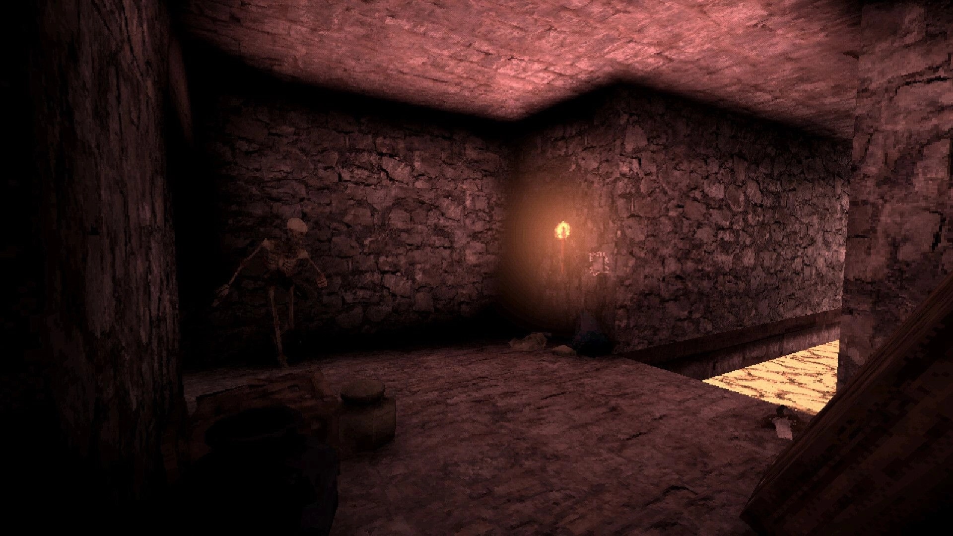 Sword Hero: Skeleton lurks in dimly lit stone dungeon corridor with glowing torch on wall