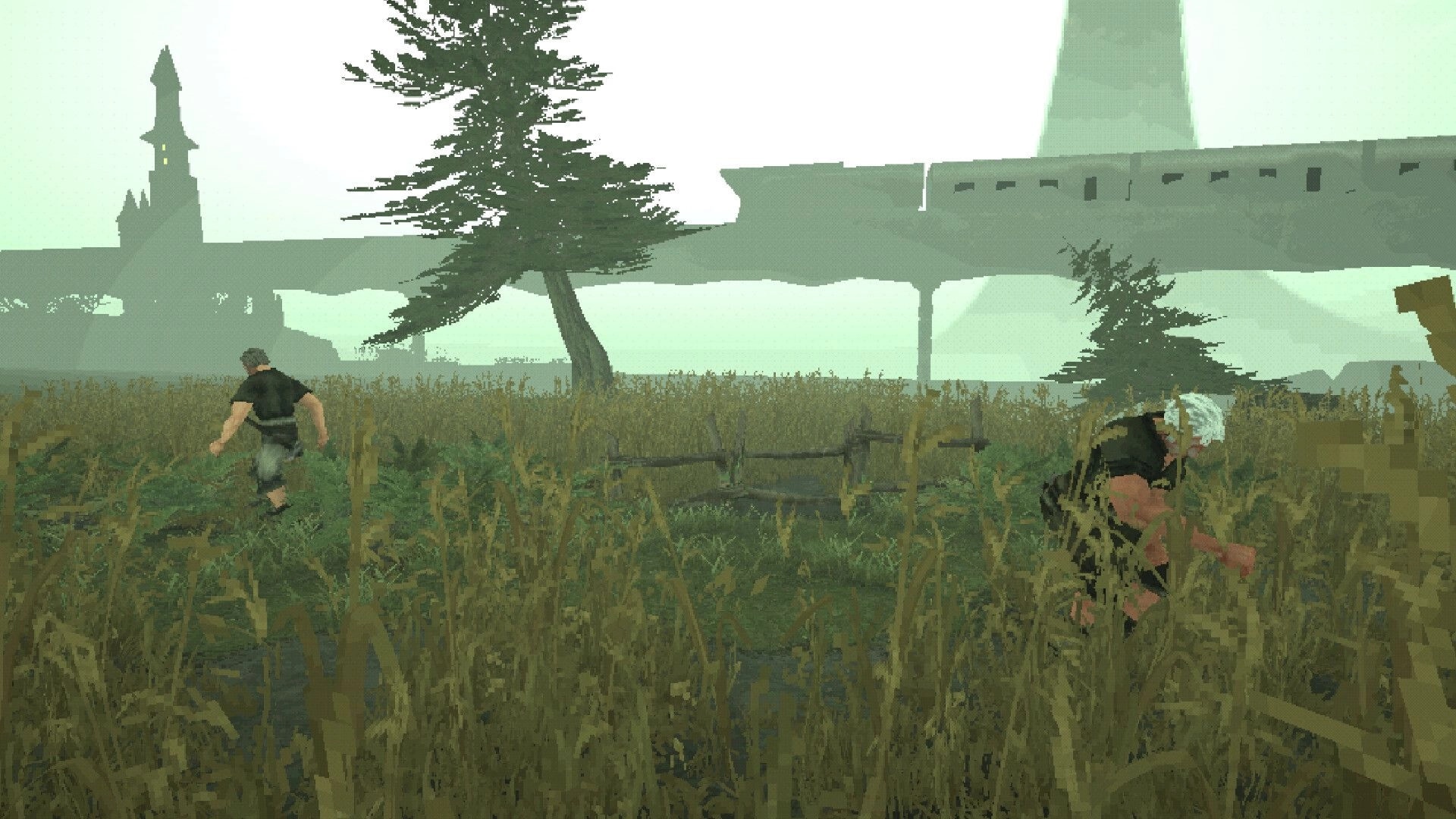 Sword Hero: Two characters stealthily moving through a grassy field with distant castle silhouette.