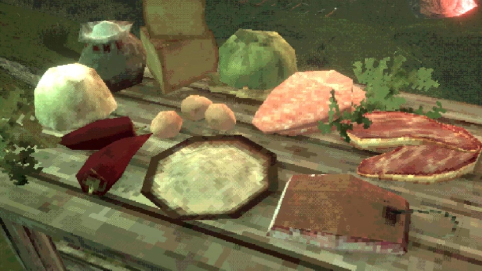 Sword Hero: Assorted food items displayed on a wooden table in a rustic outdoor setting.
