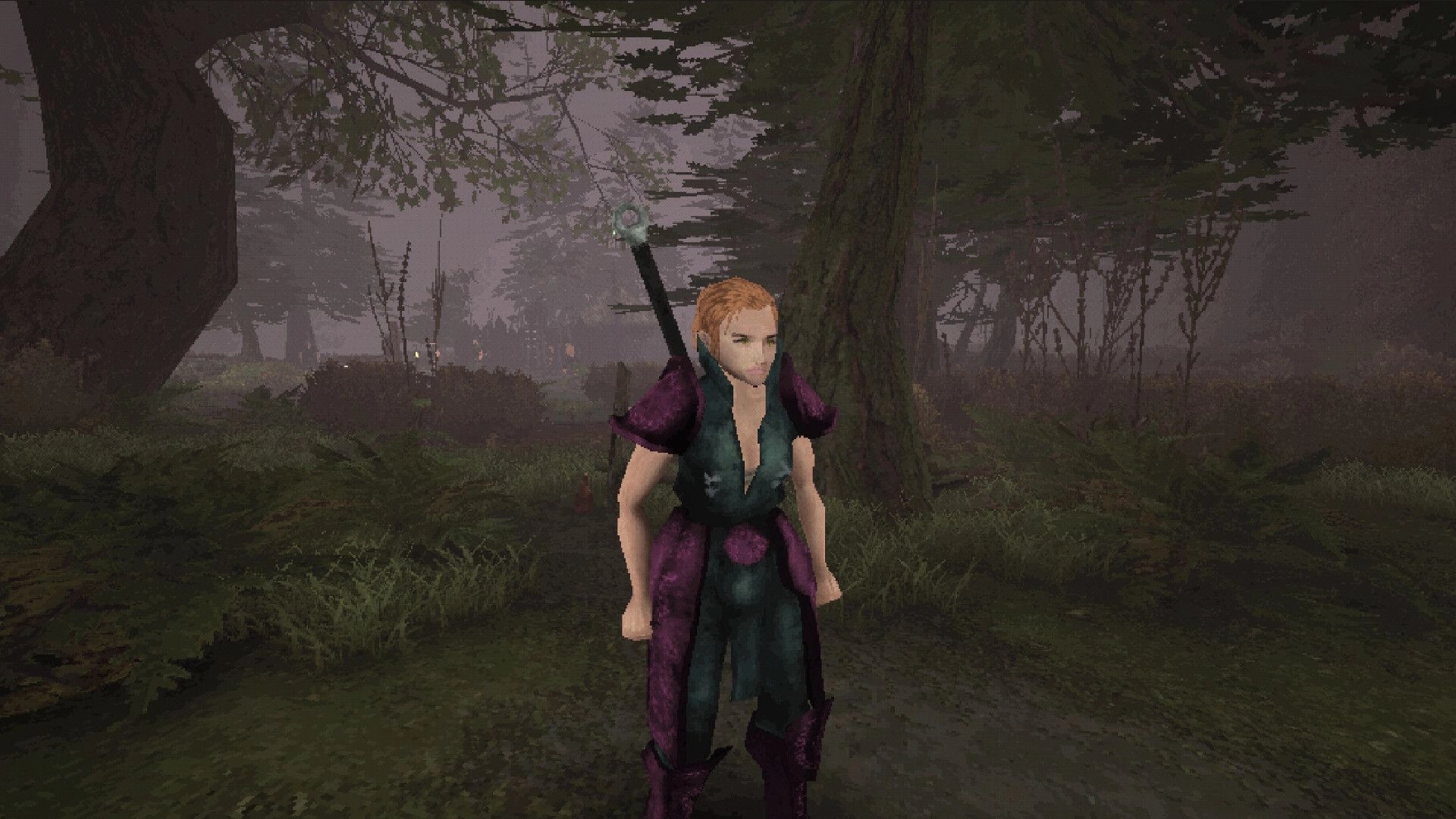 Sword Hero: Character stands in dense forest, wielding a sword on back, surrounded by tall trees.