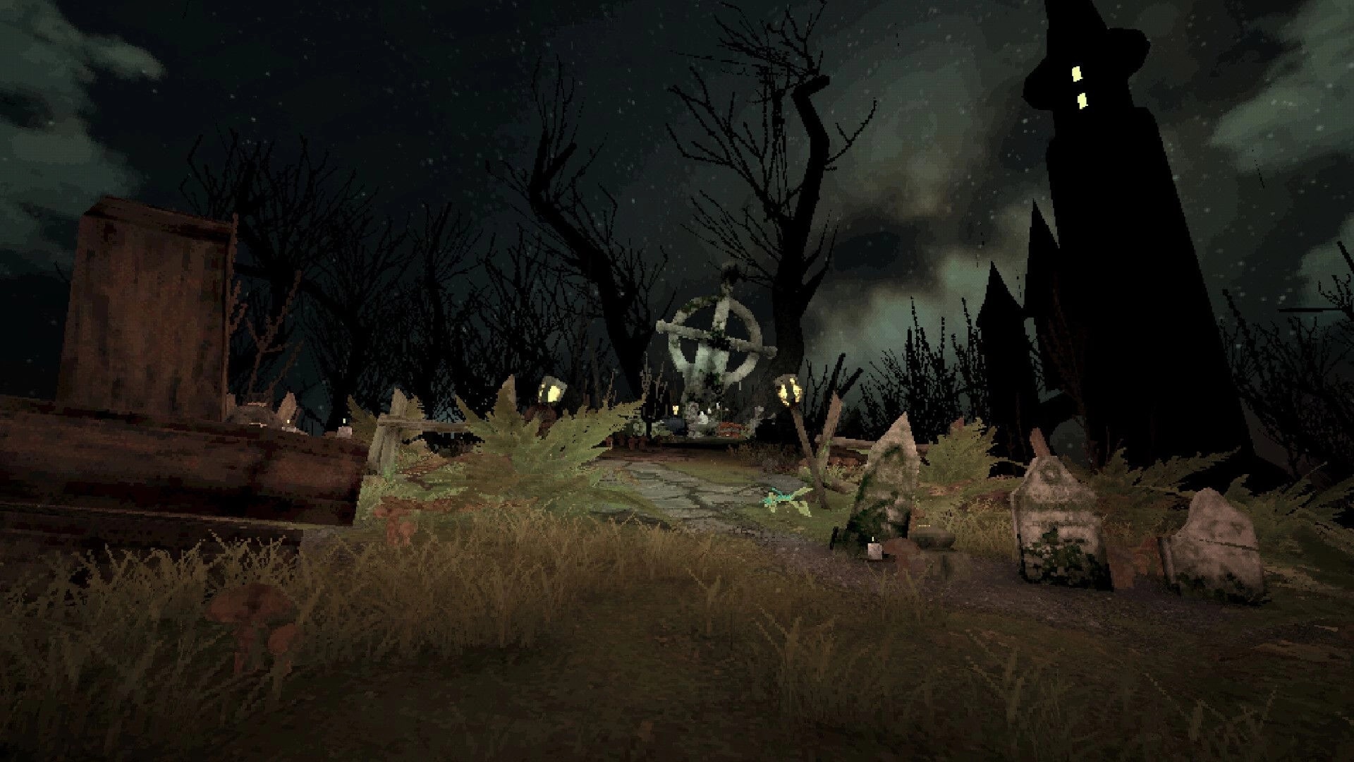 Sword Hero: Spooky graveyard path with eerie statues and looming tower under a dark, starry sky