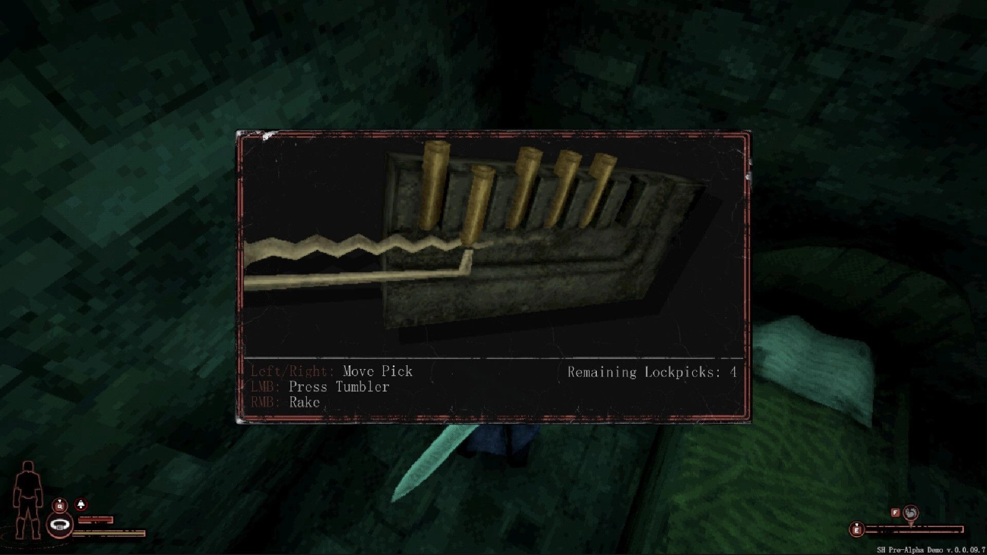 Sword Hero: Lockpicking interface with instructions and lockpick count in a dimly lit dungeon setting.