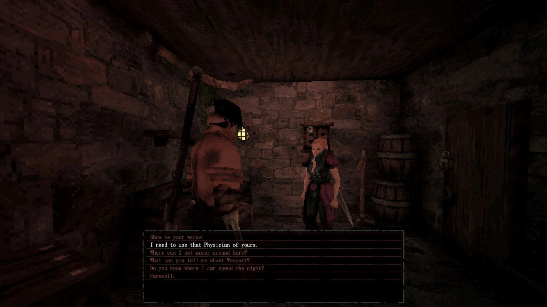 Sword Hero: Conversation with NPC in dimly lit stone room with dialogue options visible at bottom.