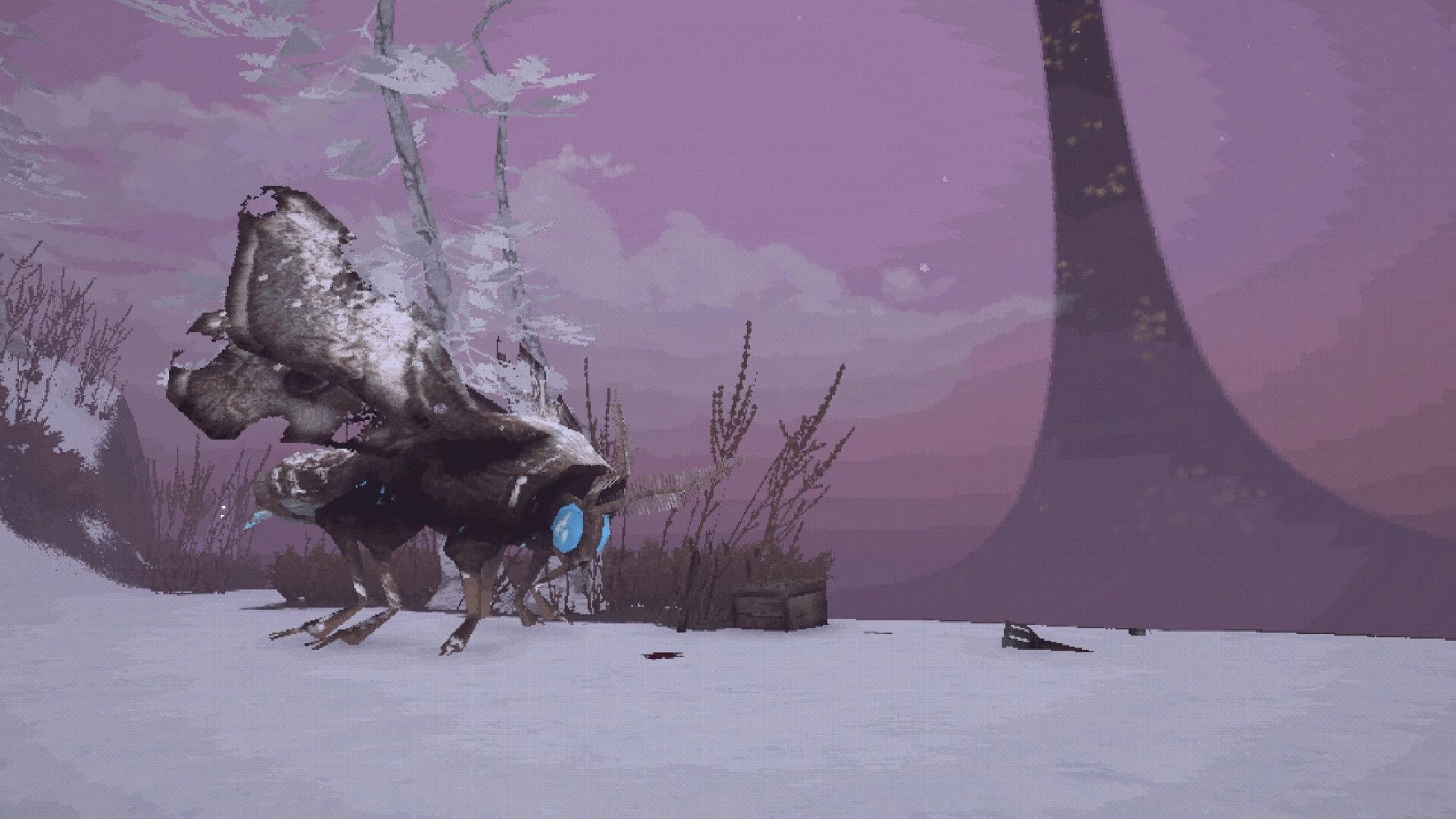 Sword Hero: Creature wandering in a snowy landscape with purple sky and barren trees in background