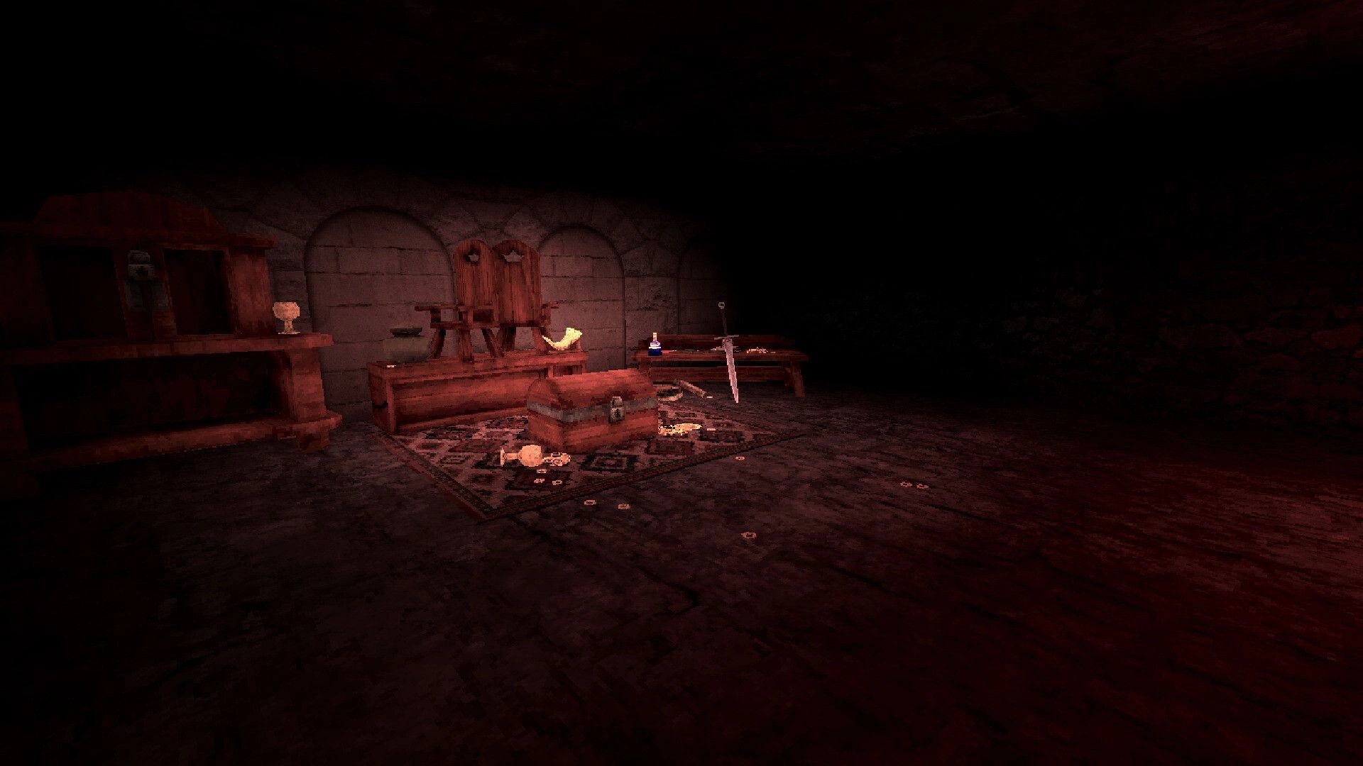 Sword Hero: Treasure-filled dungeon room with a chest, scattered coins, and a sword on a wooden bench.