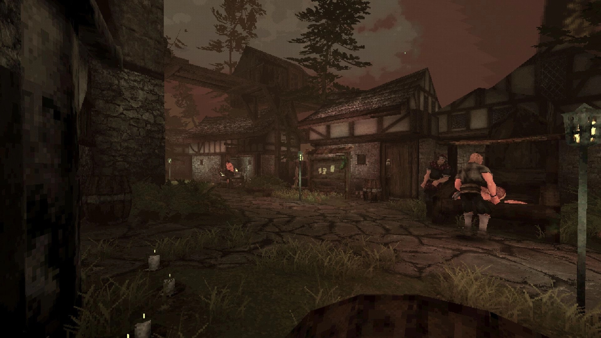 Sword Hero: Characters stand near medieval village buildings under a dusky sky.