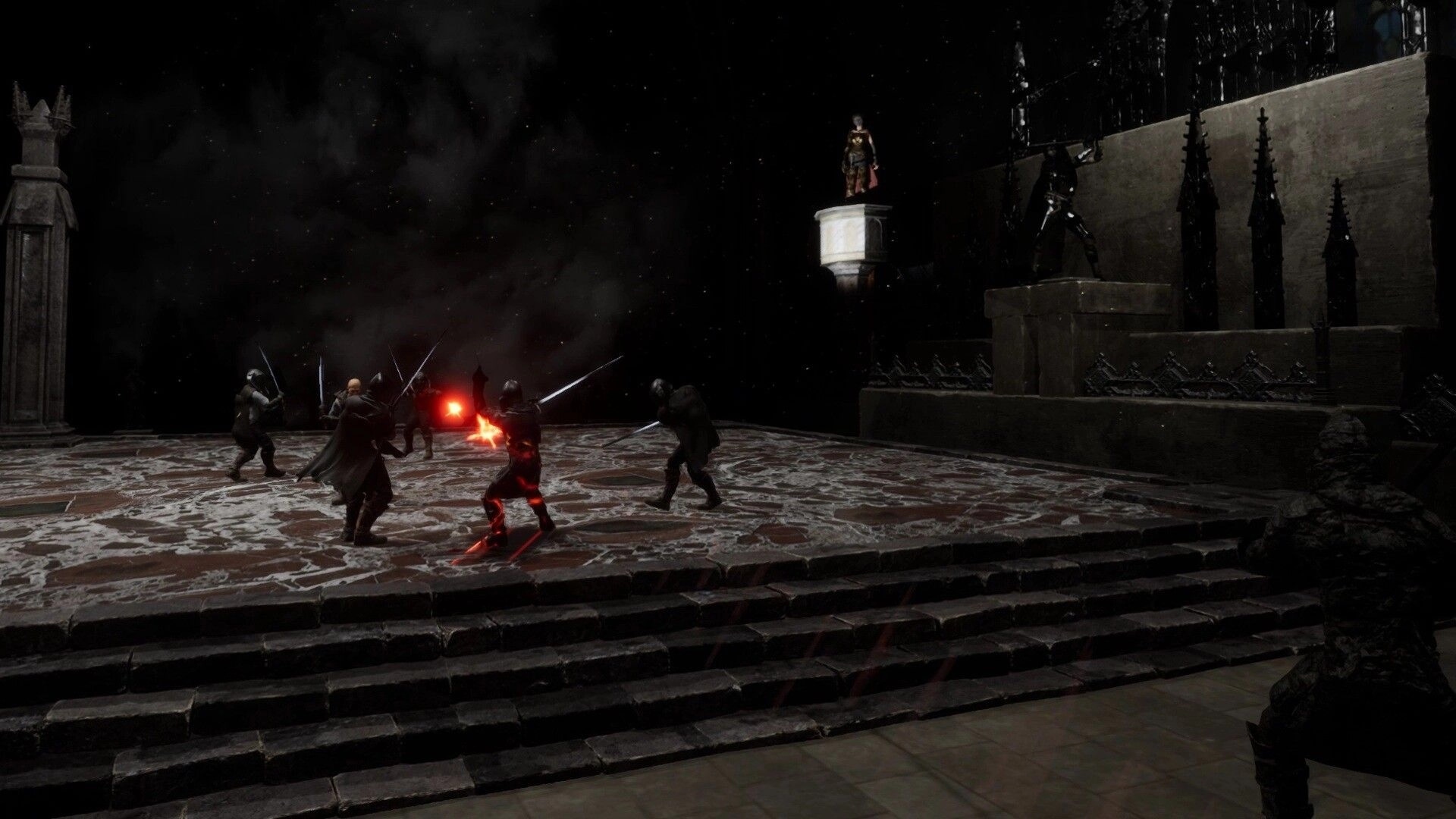 Swordai: Intense melee combat between four armored knights on a dark, stone platform at night