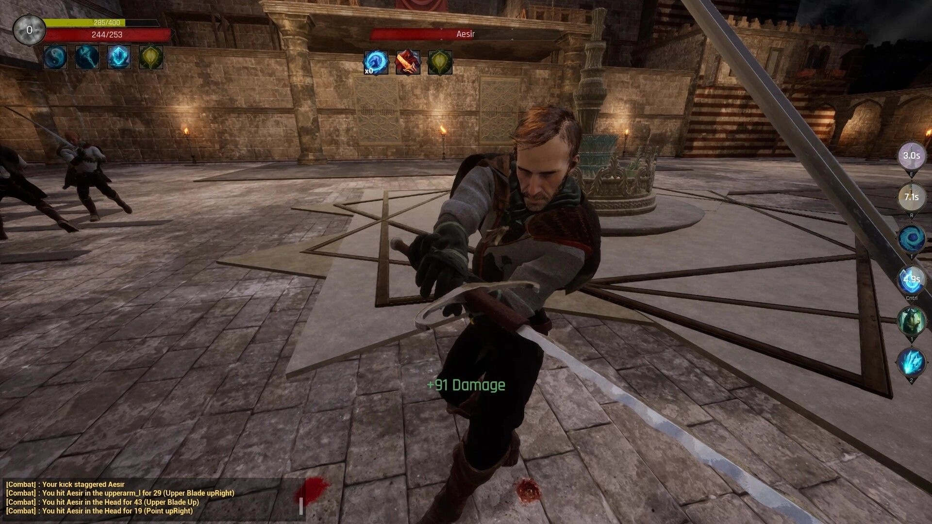 Swordai: Intense sword fight with Aesir in a stone courtyard, UI showing health and abilities