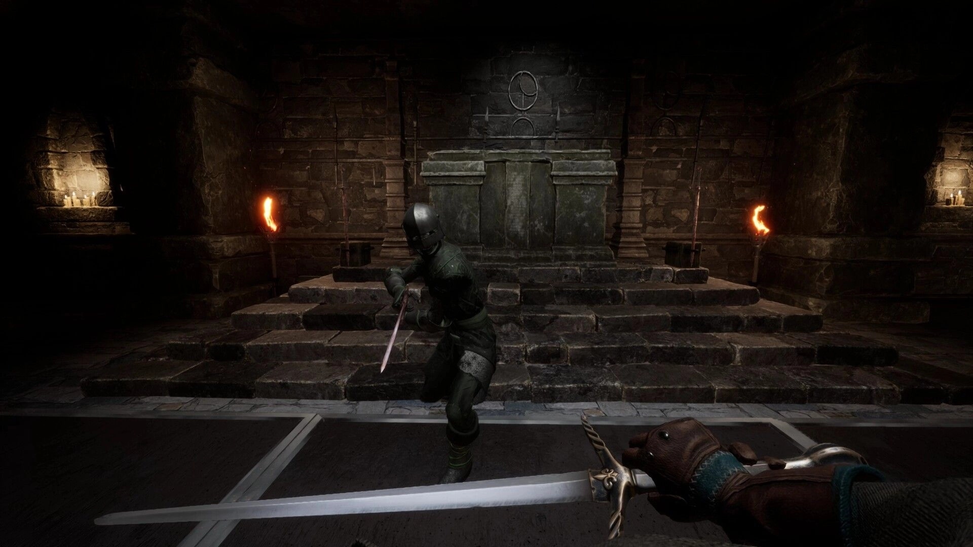 Swordai: Player engages in sword combat with armored enemy in dimly lit dungeon with torches