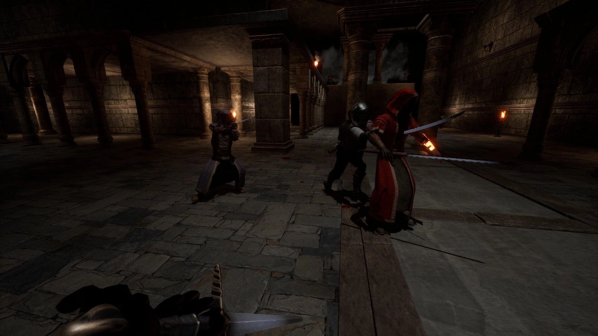 Swordai: Three players engage in combat in dimly lit stone dungeon with torches on walls