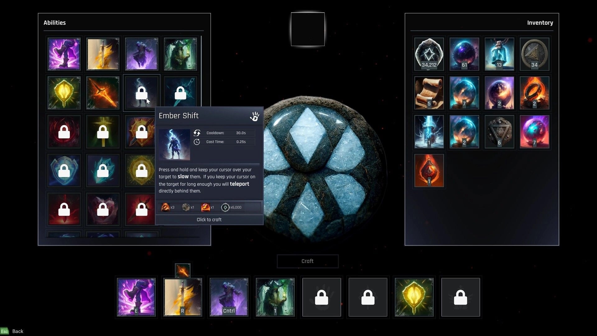 Swordai: Ability selection menu with locked skills and crafting options in a dark interface setting.