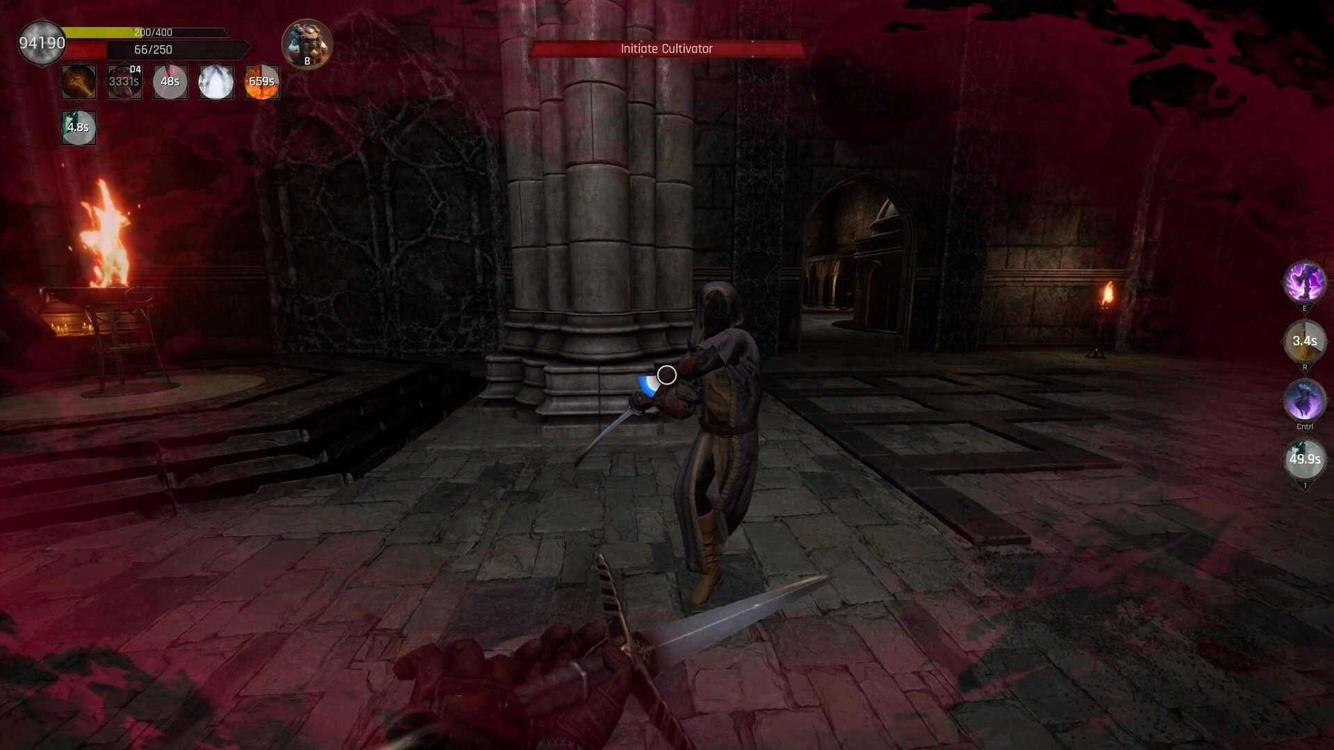 Swordai: Player engages in combat with Initiate Cultivator in a dimly lit dungeon environment