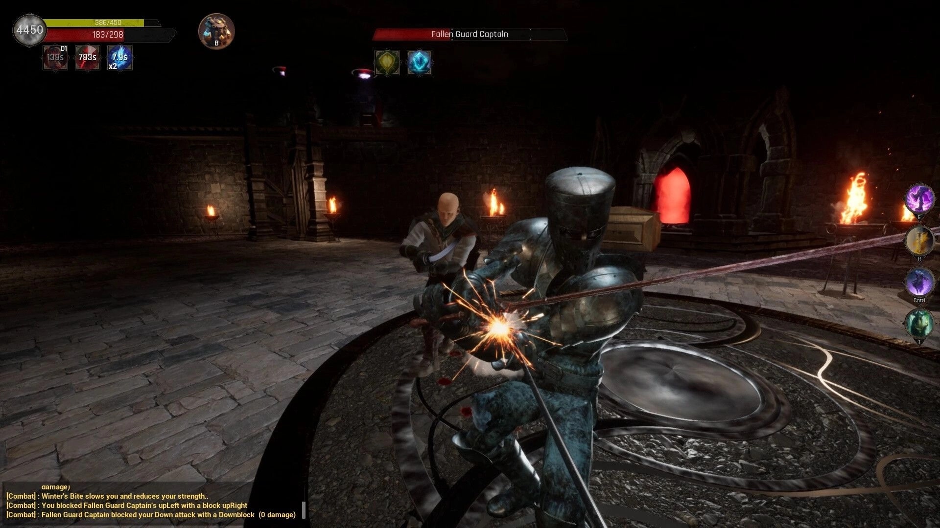 Swordai: Player engages Fallen Guard Captain in intense combat within dimly lit stone dungeon.