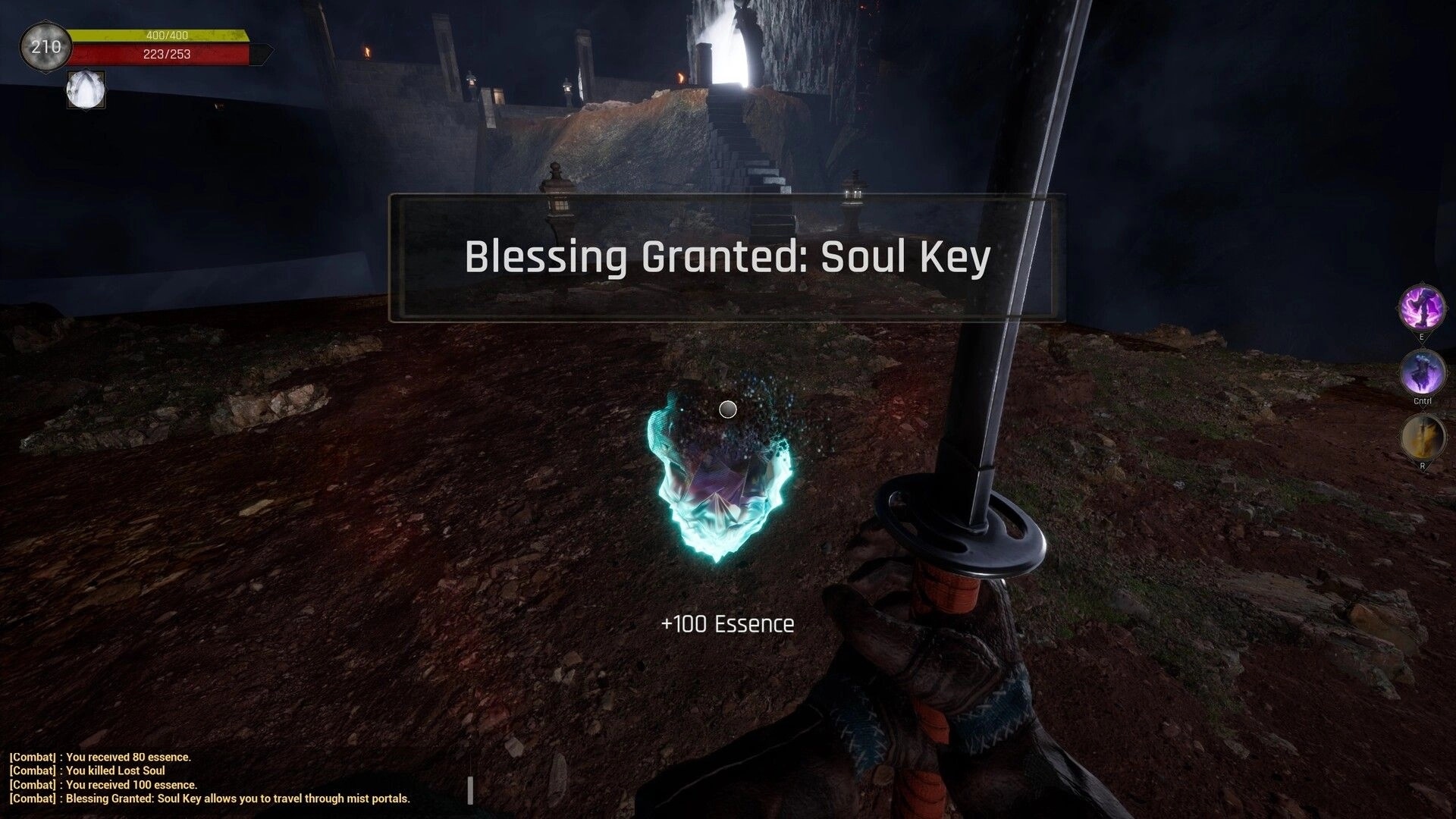 Swordai: Player receives Soul Key blessing in dark dungeon with glowing essence and visible health bar