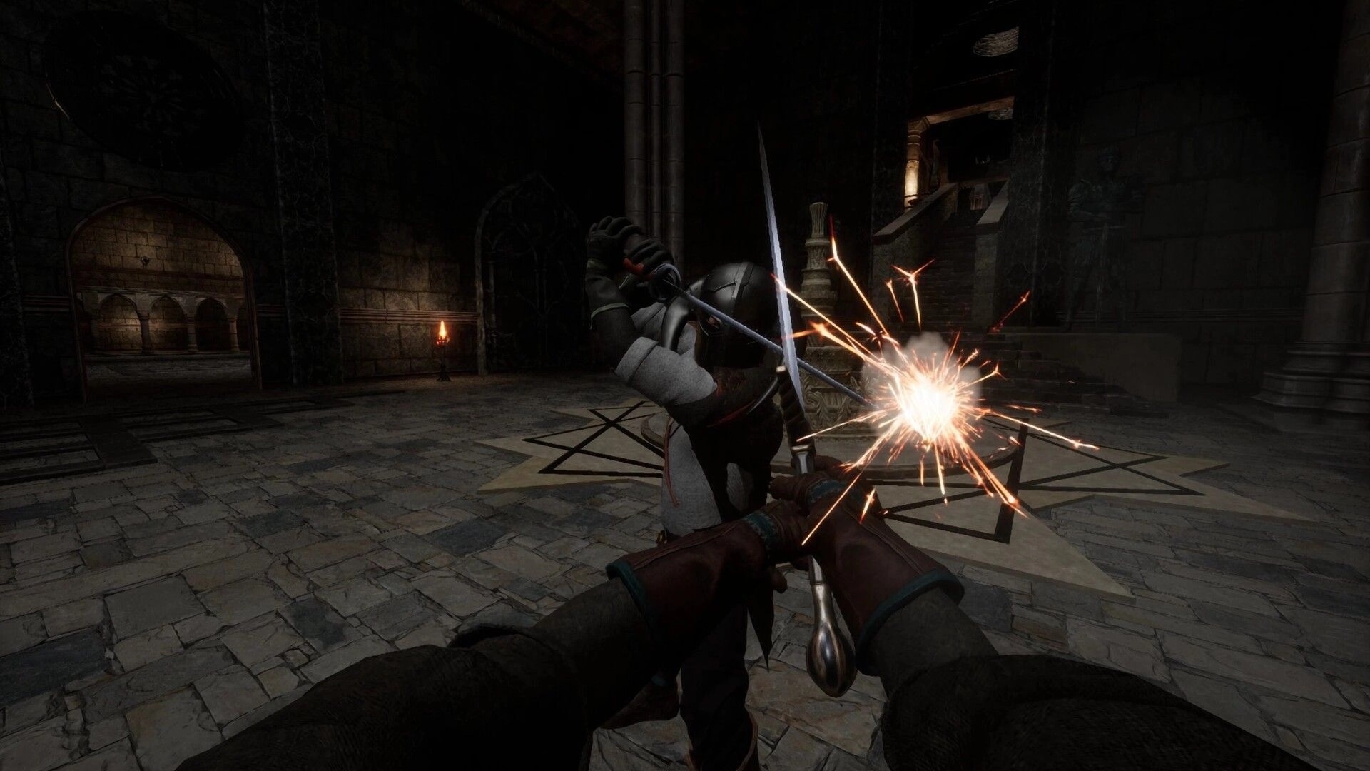 Swordai: Intense sword combat in dimly lit dungeon with sparks flying from weapon clash
