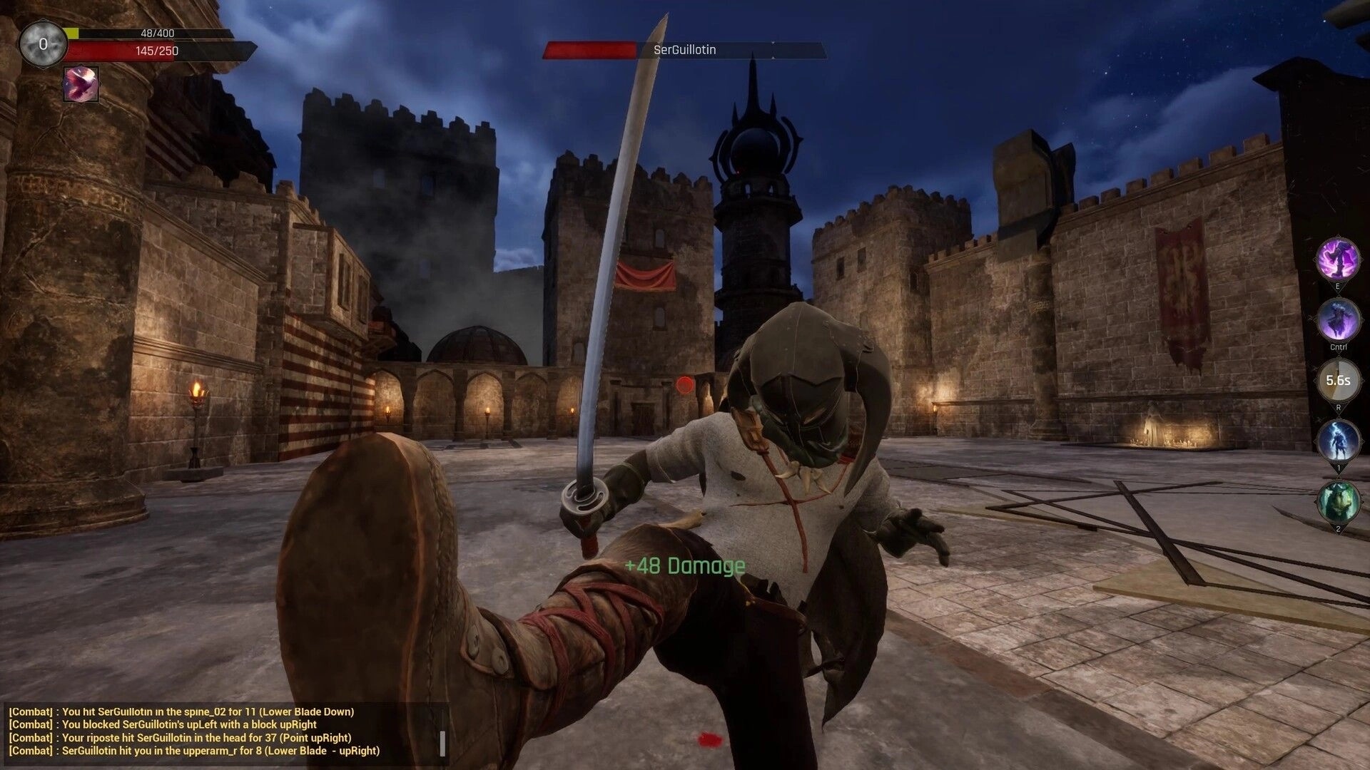 Swordai: Player engages in combat with SerGuillotin in a castle courtyard under a night sky