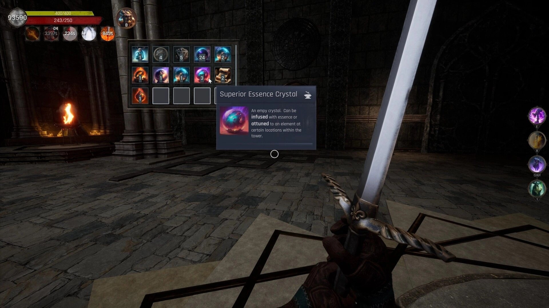 Swordai: Player readies sword in dungeon, inventory and Superior Essence Crystal menu displayed