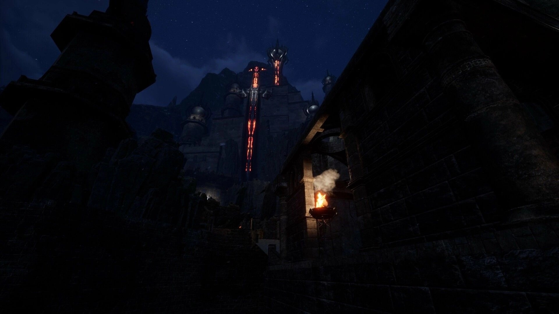 Swordai: Nighttime tower view with glowing red lines and torch-lit stone pathway in dark environment