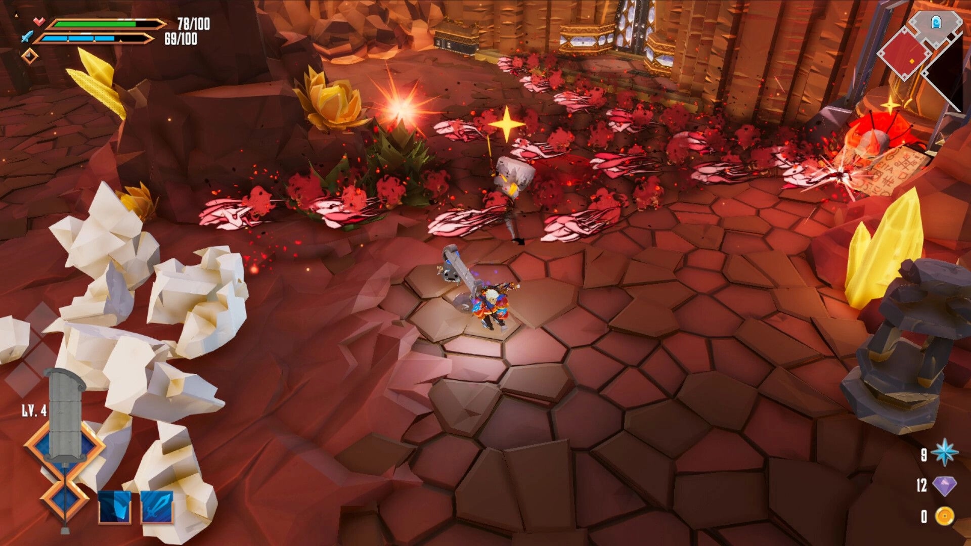 Swordcery: Hero swings a huge sword amid blood splashes in a crystal cavern with health bars and minimap.