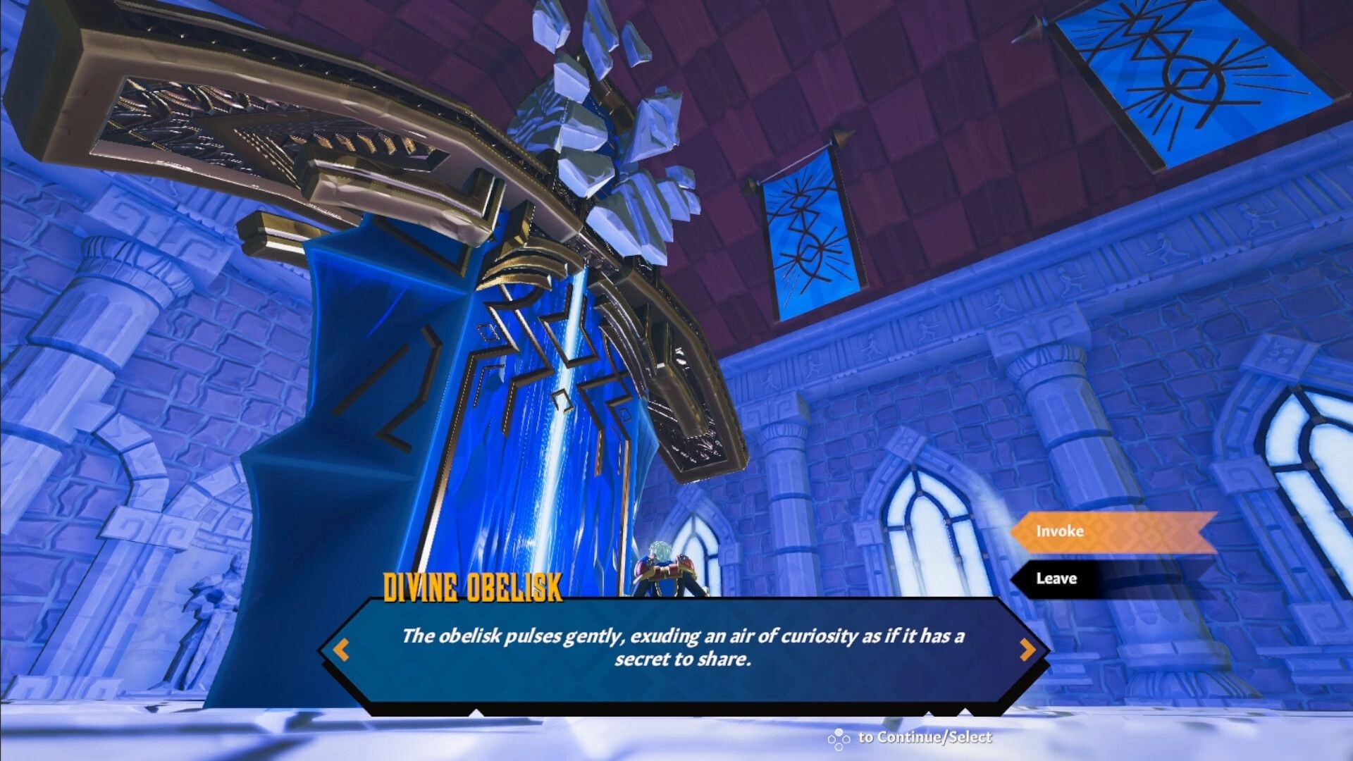 Swordcery: Divine Obelisk interaction prompt with Invoke/Leave options inside a blue stone temple hall.