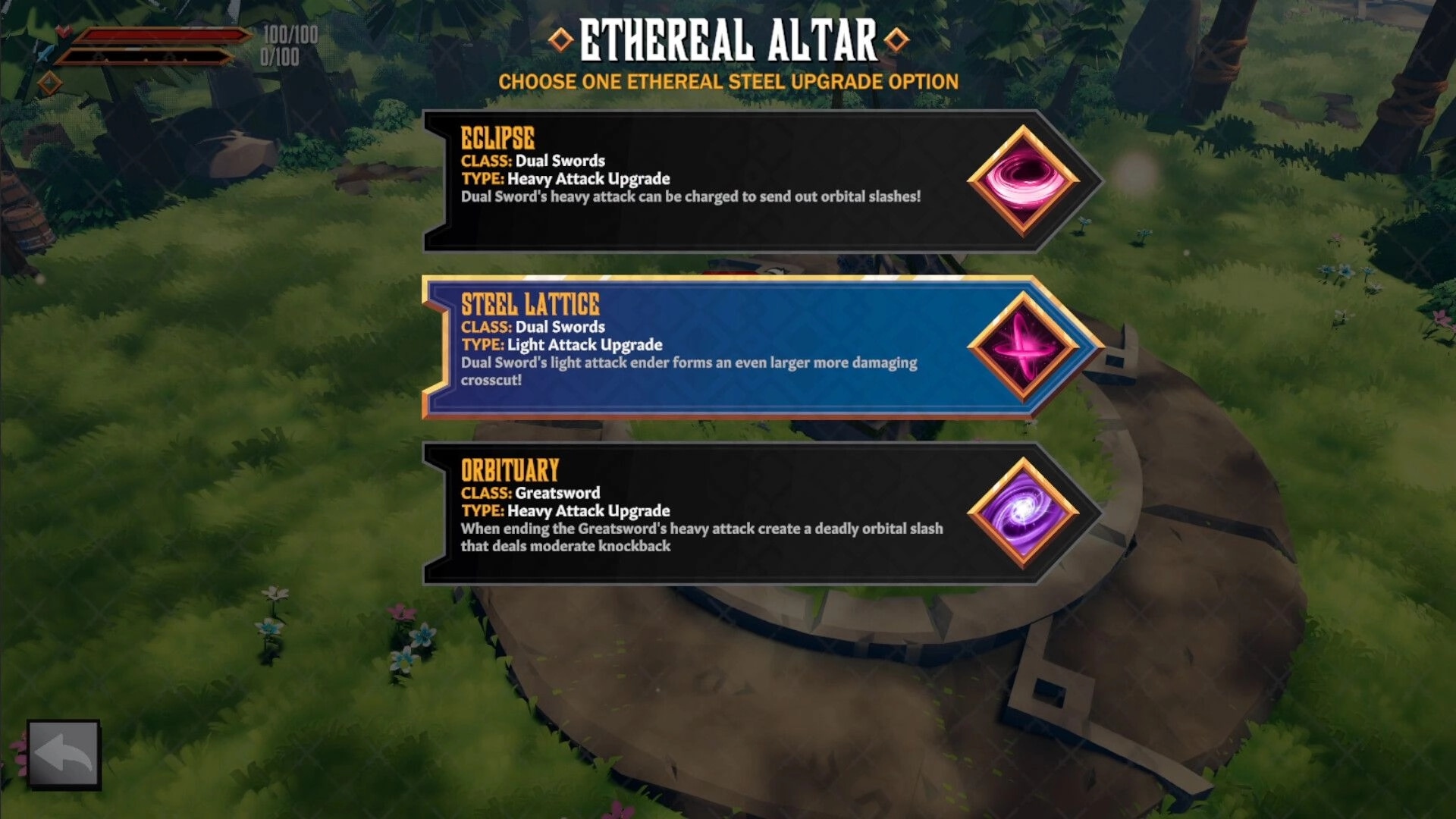 Swordcery: Ethereal Altar upgrade selection menu over a grassy clearing with Eclipse, Steel Lattice, Obituary.