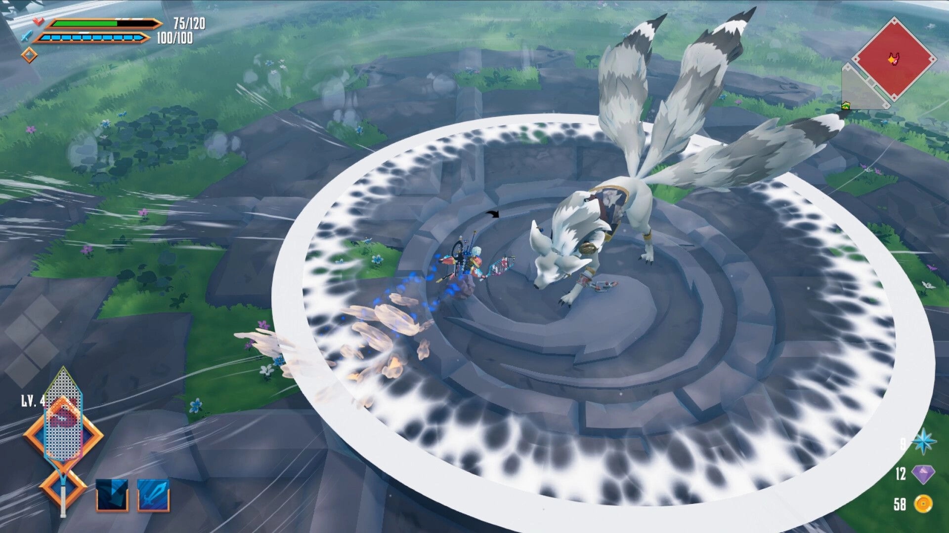 Swordcery: Player battles a white fox boss inside a glowing ring on a rocky arena with HUD and minimap.