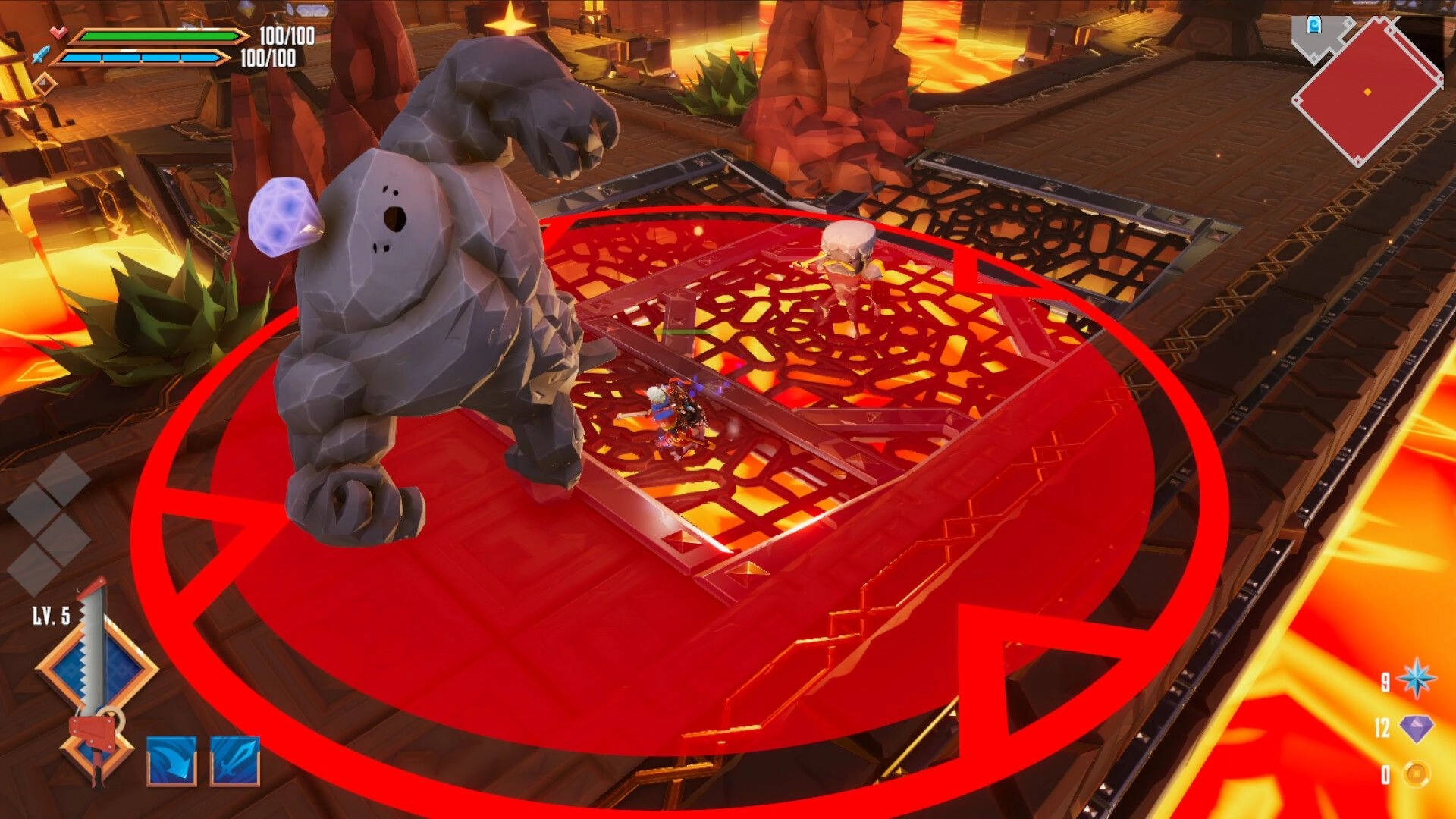 Swordcery: Hero dodges golem boss red AoE circle on metal platform above lava, HUD and minimap visible.