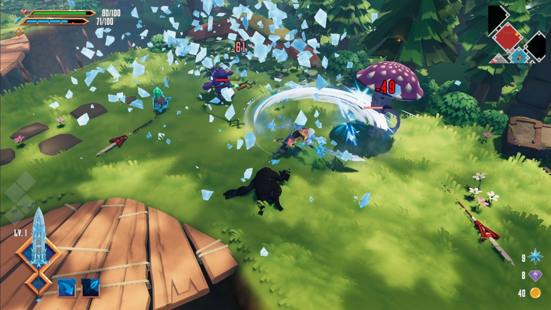 Swordcery: Hero slashes mushroom enemy with icy arc and damage numbers in a bright forest clearing.