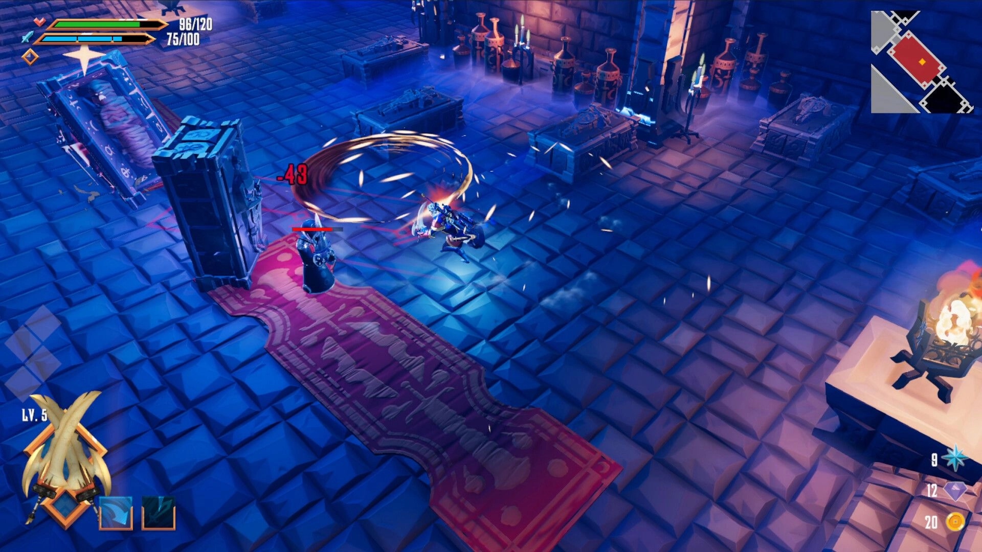 Swordcery: Hero slashes a hooded enemy beside sarcophagi in a torchlit crypt, minimap visible.