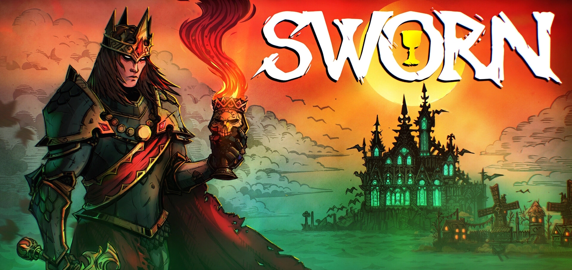SWORN: Corrupted Arthur holding a fiery goblet, with a gothic castle silhouetted against the sunset.
