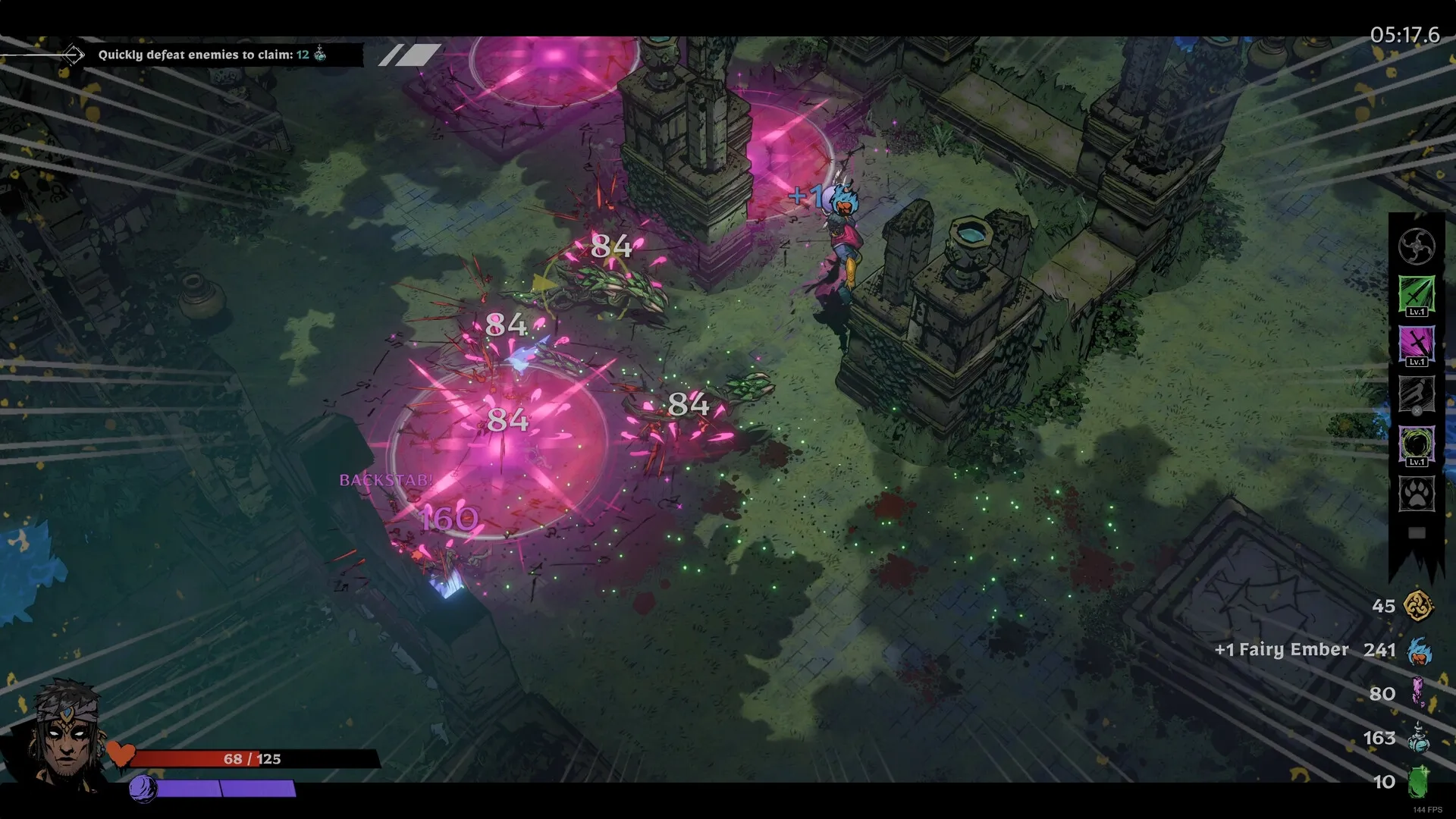 SWORN: Hero battles enemies in ancient ruins with pink magic effects, health and power bars visible.