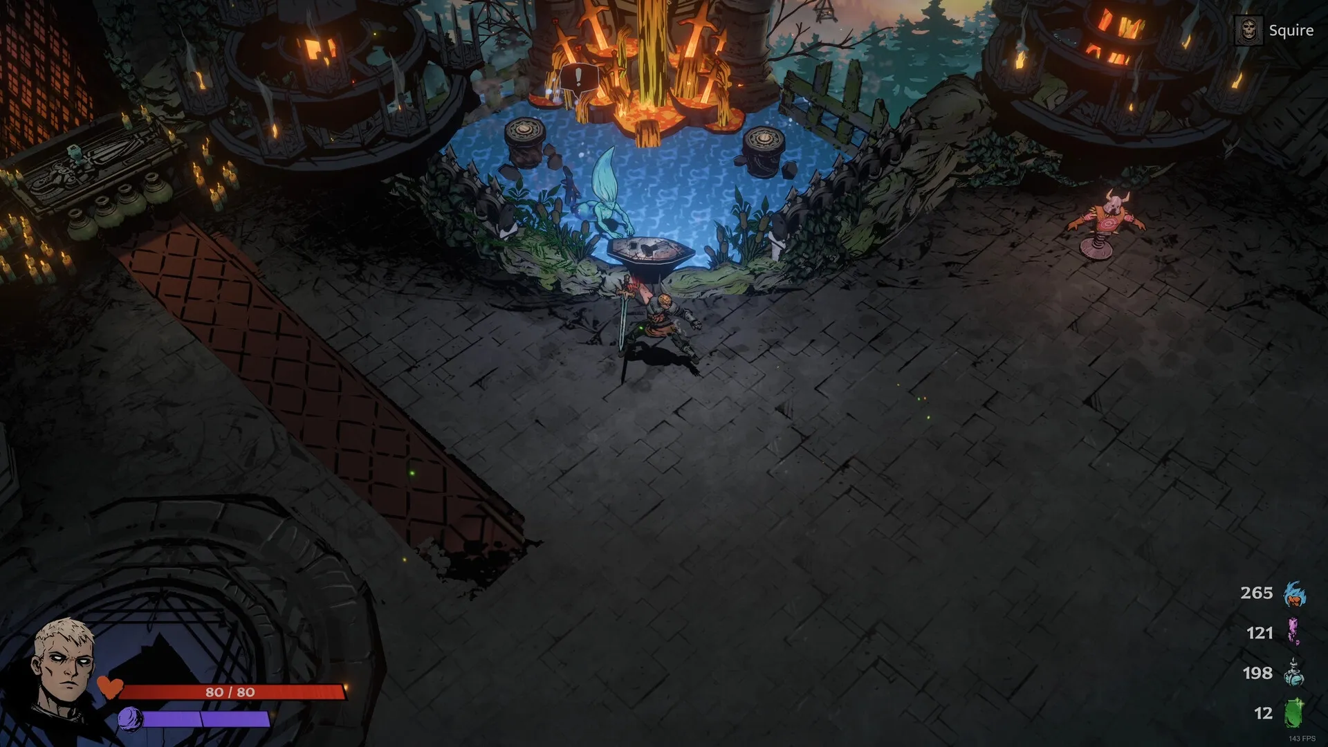 SWORN: Character at fountain with exclamation mark, preparing for battle in a dimly lit stone courtyard.