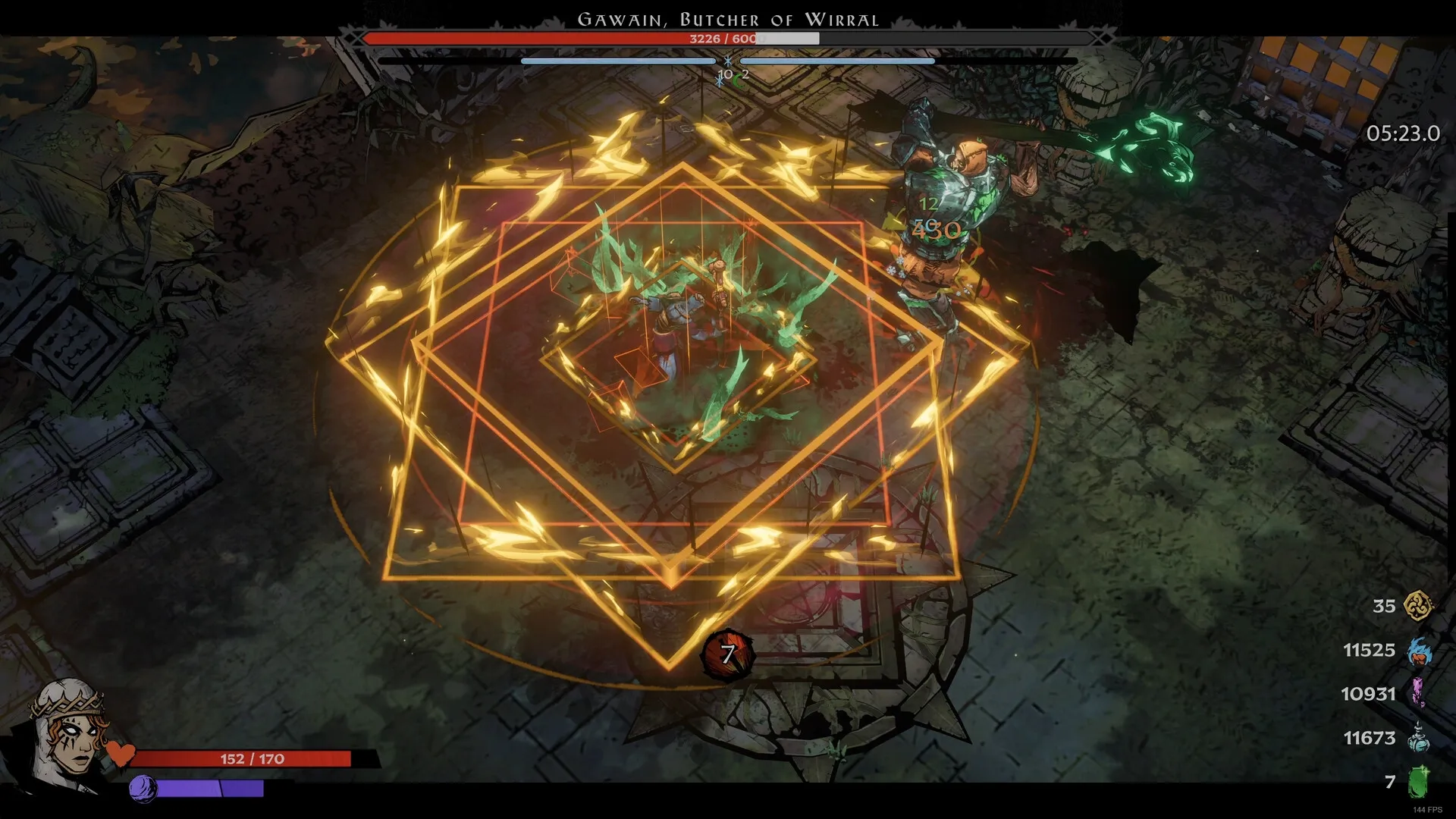 SWORN: Gawain, Butcher of Wirral, engaged in combat with player in a glowing magical battlefield.