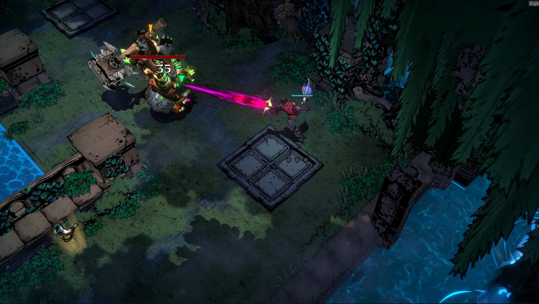 SWORN: Intense battle with a giant armored enemy in a lush, overgrown ruin by a glowing blue river.