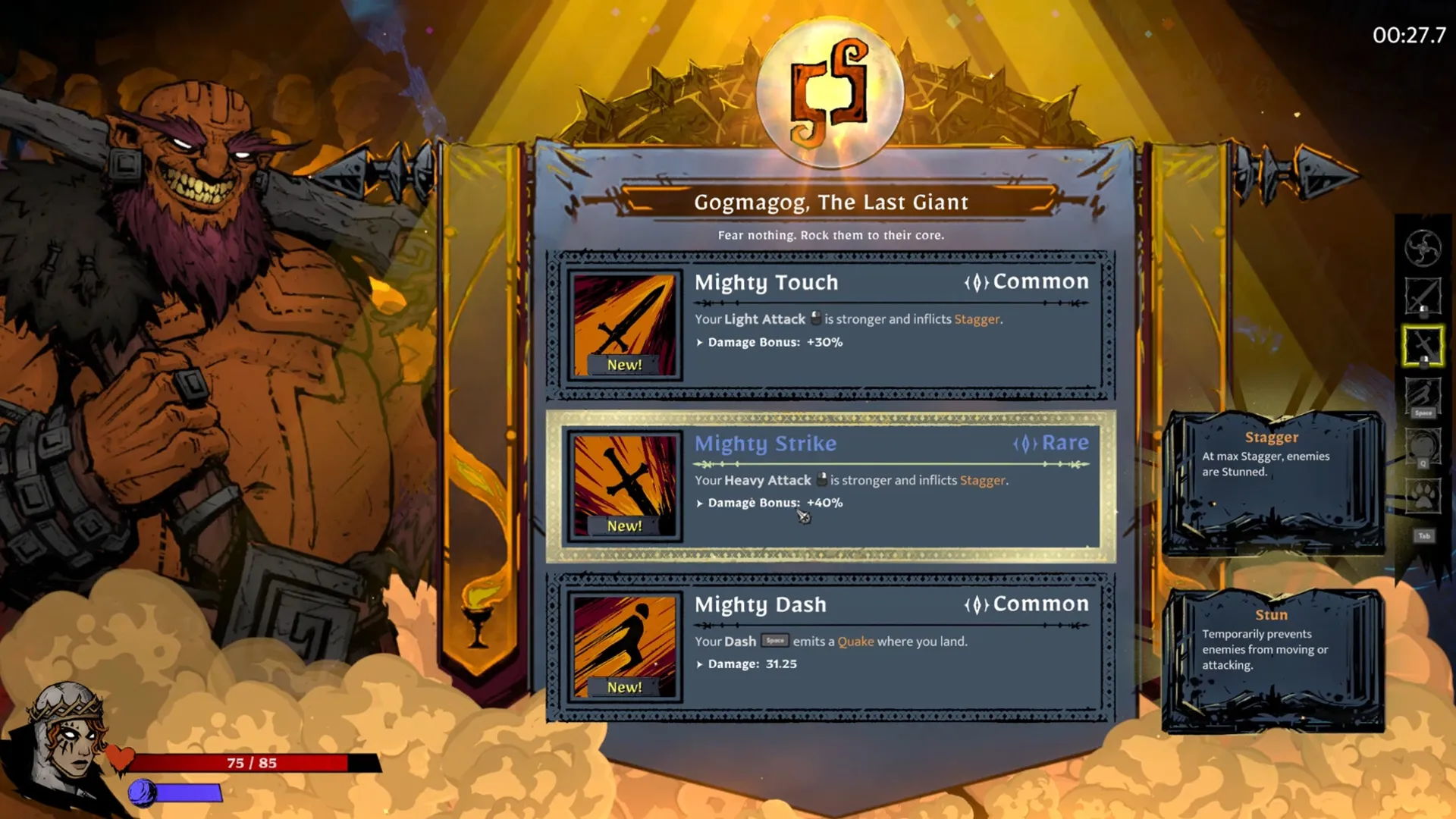 SWORN: Character Gogmagog with upgrade menu displaying Mighty Touch, Strike, and Dash skills