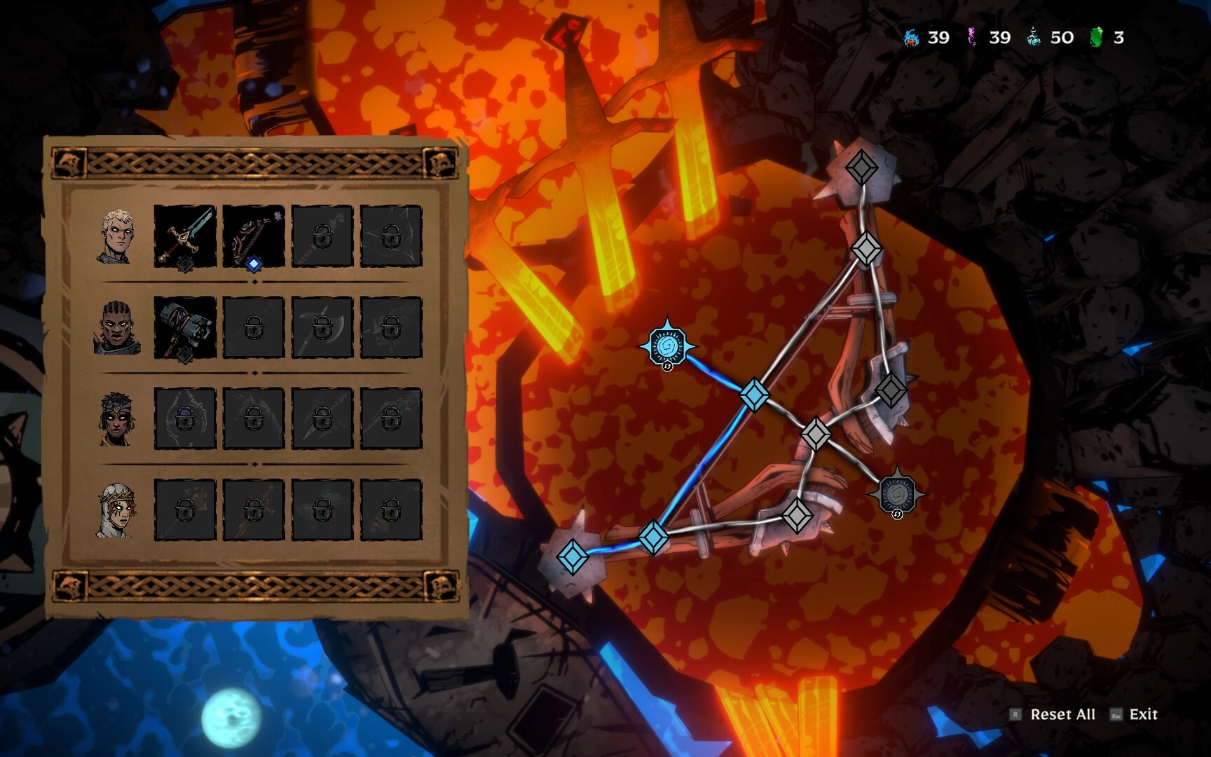SWORN: Character skill tree with locked abilities next to a fiery background and resource icons.