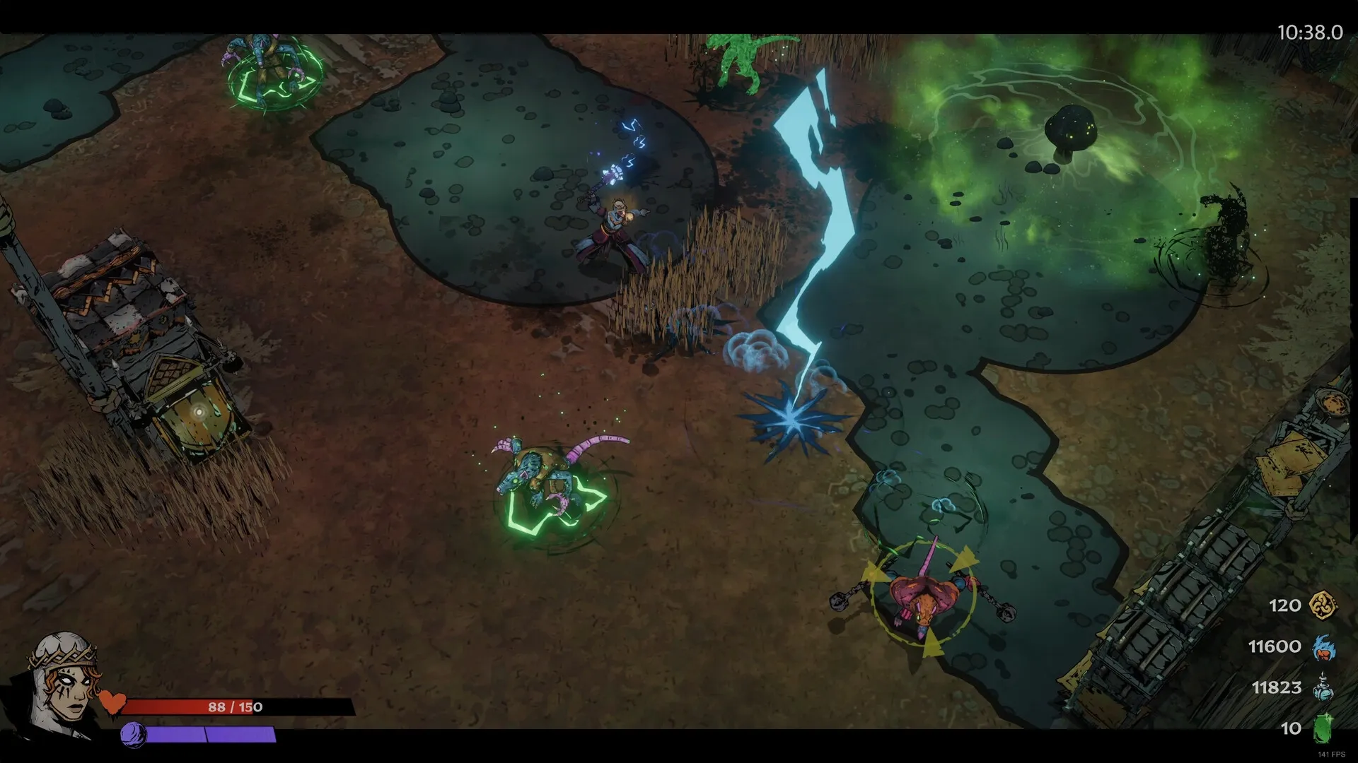 SWORN: Player casting spell at green smoke monster in swamp with character health and mana displayed