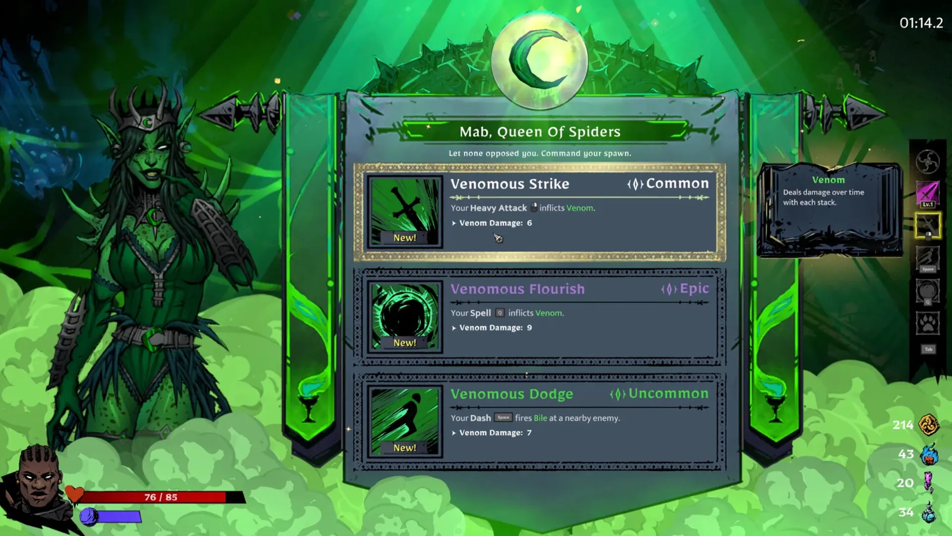 SWORN: Mab, Queen of Spiders skill selection screen in a mystical, green-lit forest environment