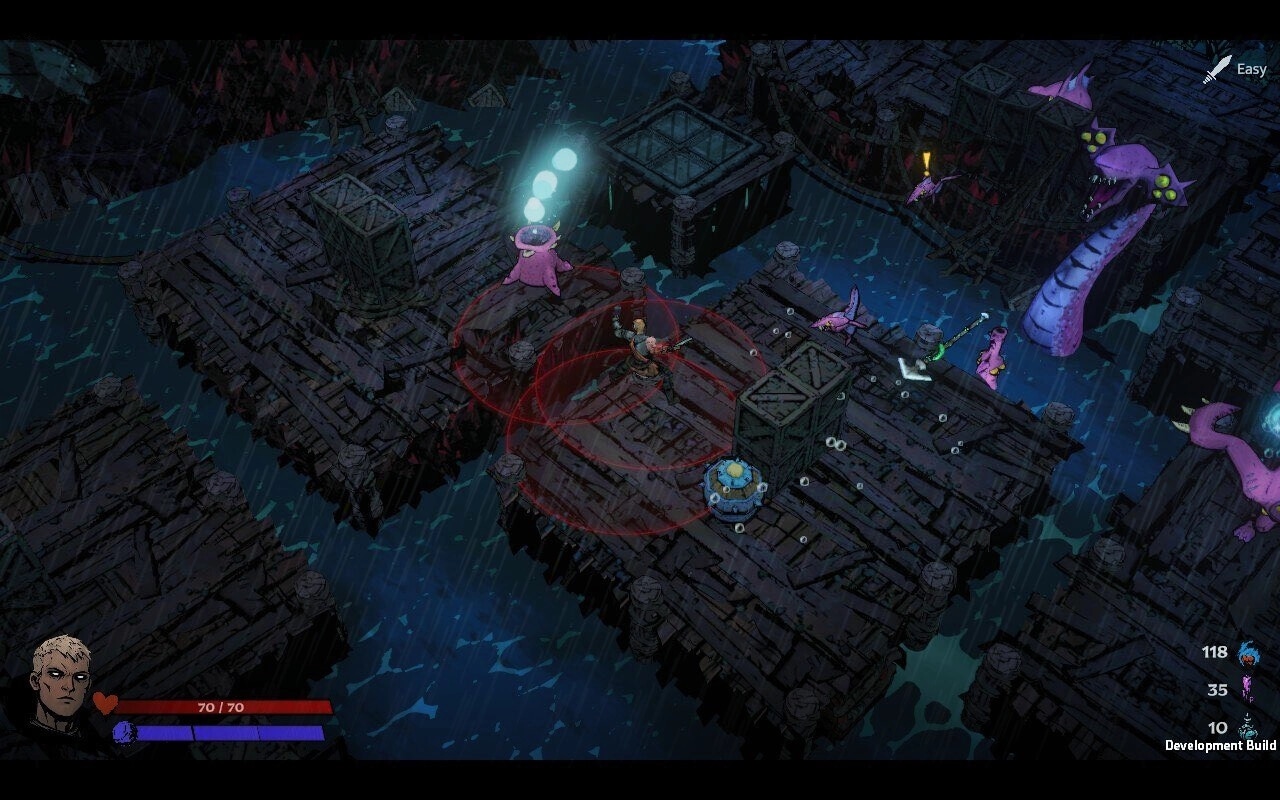 SWORN: Player battles sea monsters on rain-soaked docks with enemy health bars and abilities visible.