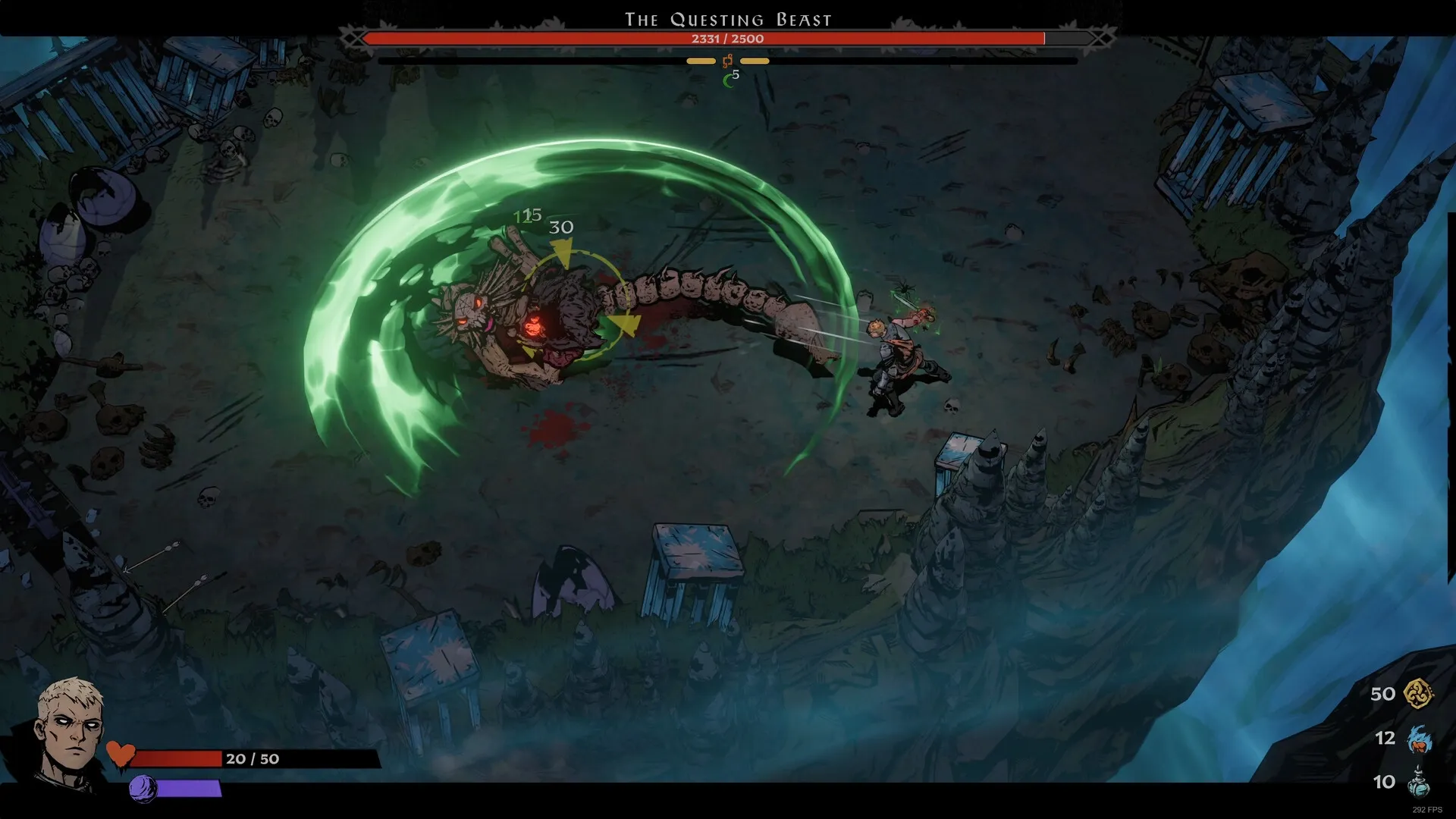 SWORN: Player battles The Questing Beast in a rocky arena, health bars and damage indicators shown.