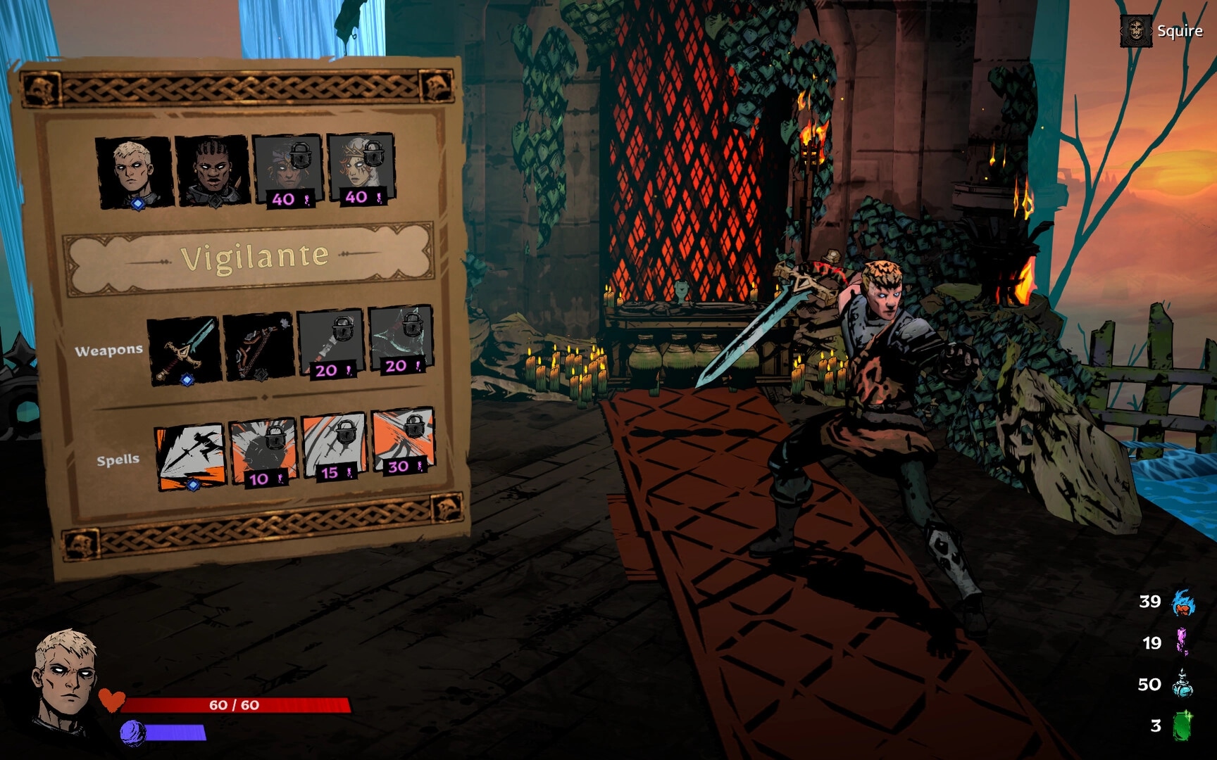 SWORN: Character with sword in combat stance beside inventory menu in candle-lit castle environment