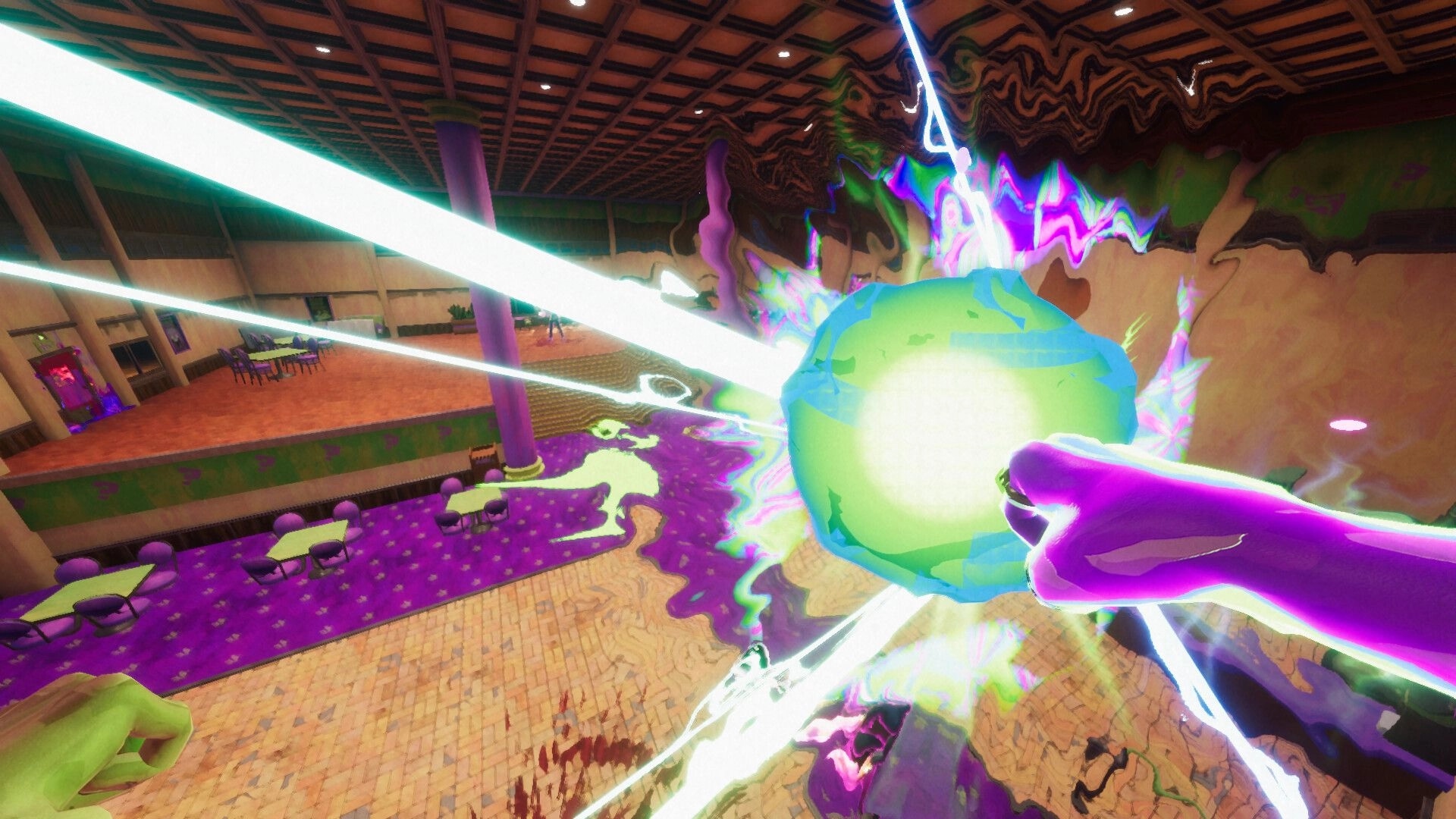 Sydless: Diego punches glowing ball in distorted fast-food restaurant with purple and orange decor.