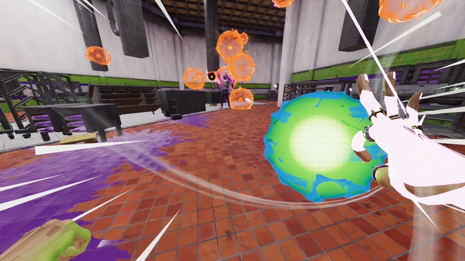 Sydless: Diego punches a glowing ball towards enemies in a distorted fast-food restaurant environment.