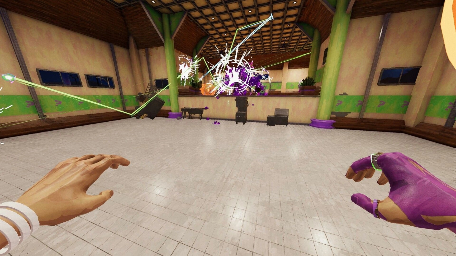 Sydless: Diego launches a bouncing ball in a colorful fast-food restaurant, causing chaos and destruction.