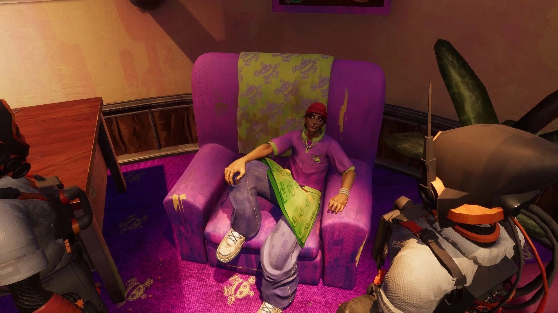 Sydless: Diego relaxes in a purple armchair while two armored figures stand nearby in a vibrant room