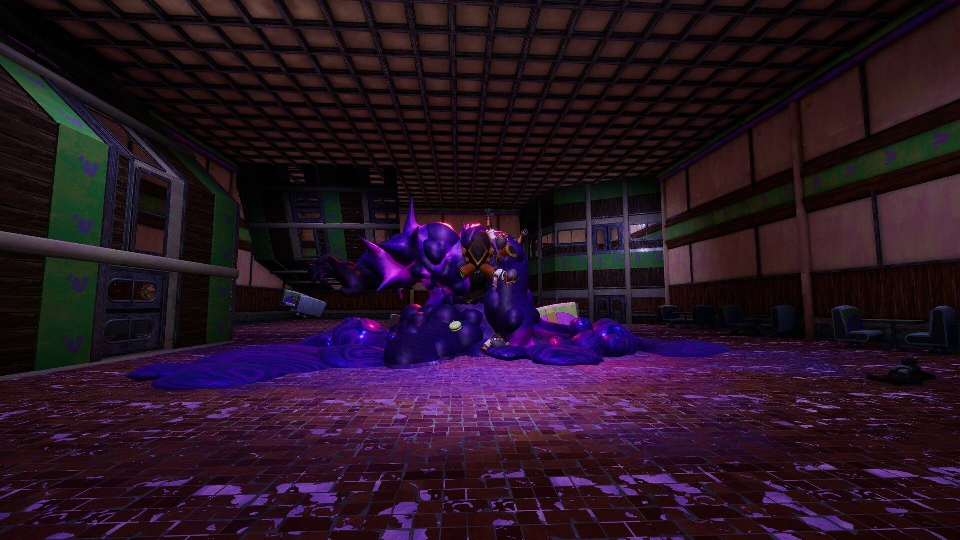 Sydless: Diego battles a giant purple creature in a distorted fast-food restaurant interior